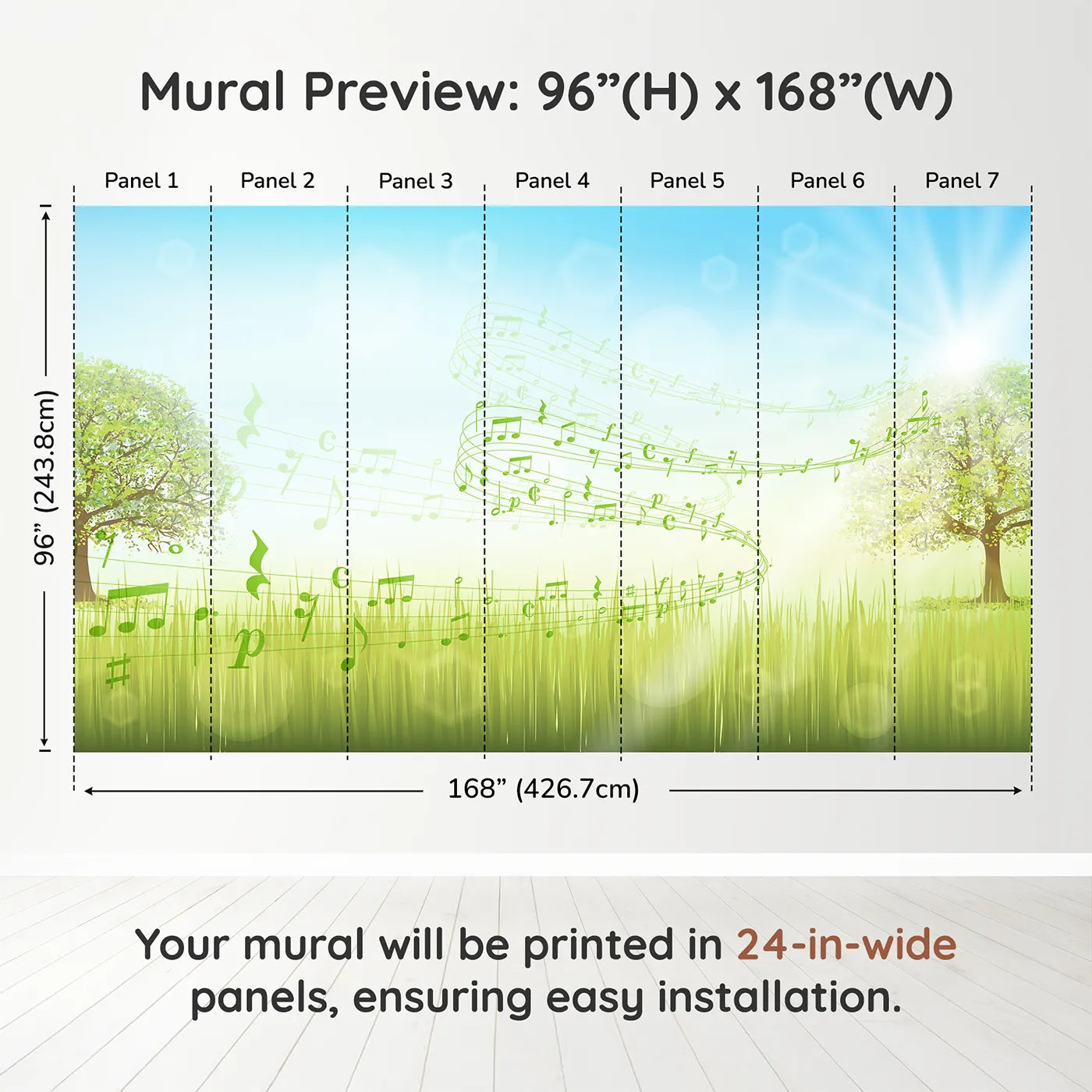 Whimsy Tots Song of the Meadow Wall Muraldimension view (96" H x 168" W). Printed in seven 24-inch-wide panels. Gender-Neutral