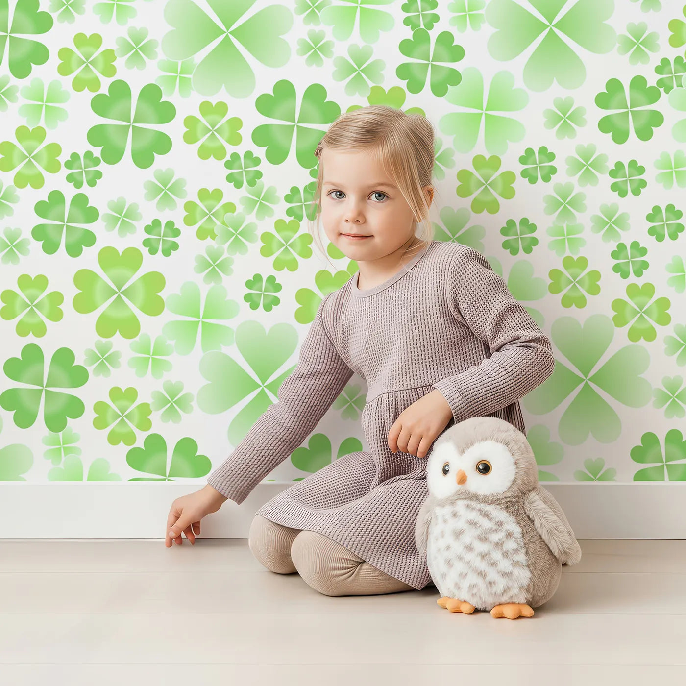 Child in front of Whimsy Tots Lucky Clover Patch Wall Mural with clover, shamrock, four leaf clover, green, luck, pattern, nature in design.