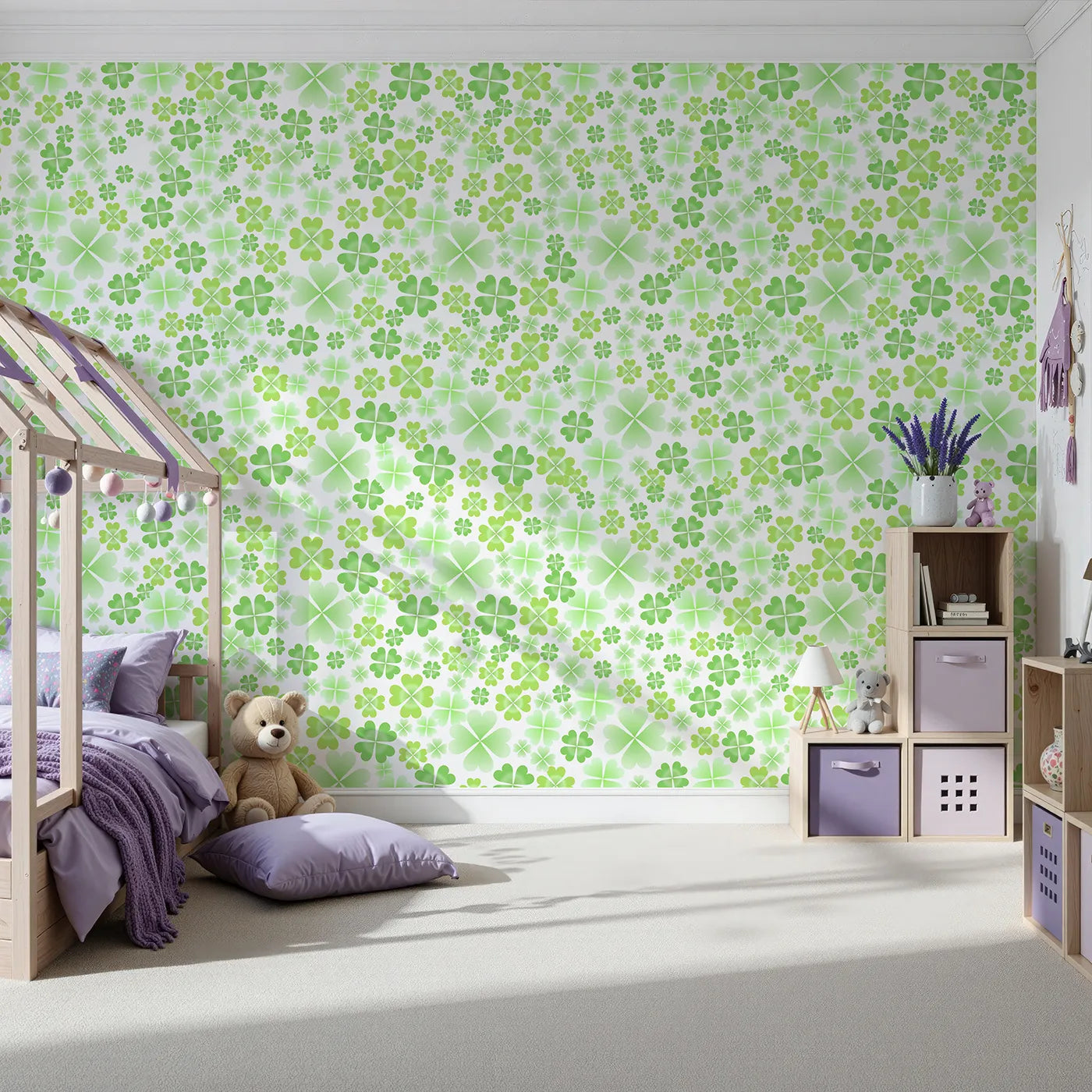 Front view of Whimsy Tots' Lucky Clover Patch Wall Mural