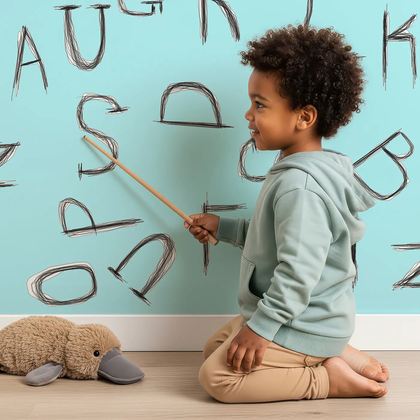 Child in front of Whimsy Tots Scattered Letters Wall Mural in Blue with alphabet, letter, abc, typography, learn, reading, sketch in design.