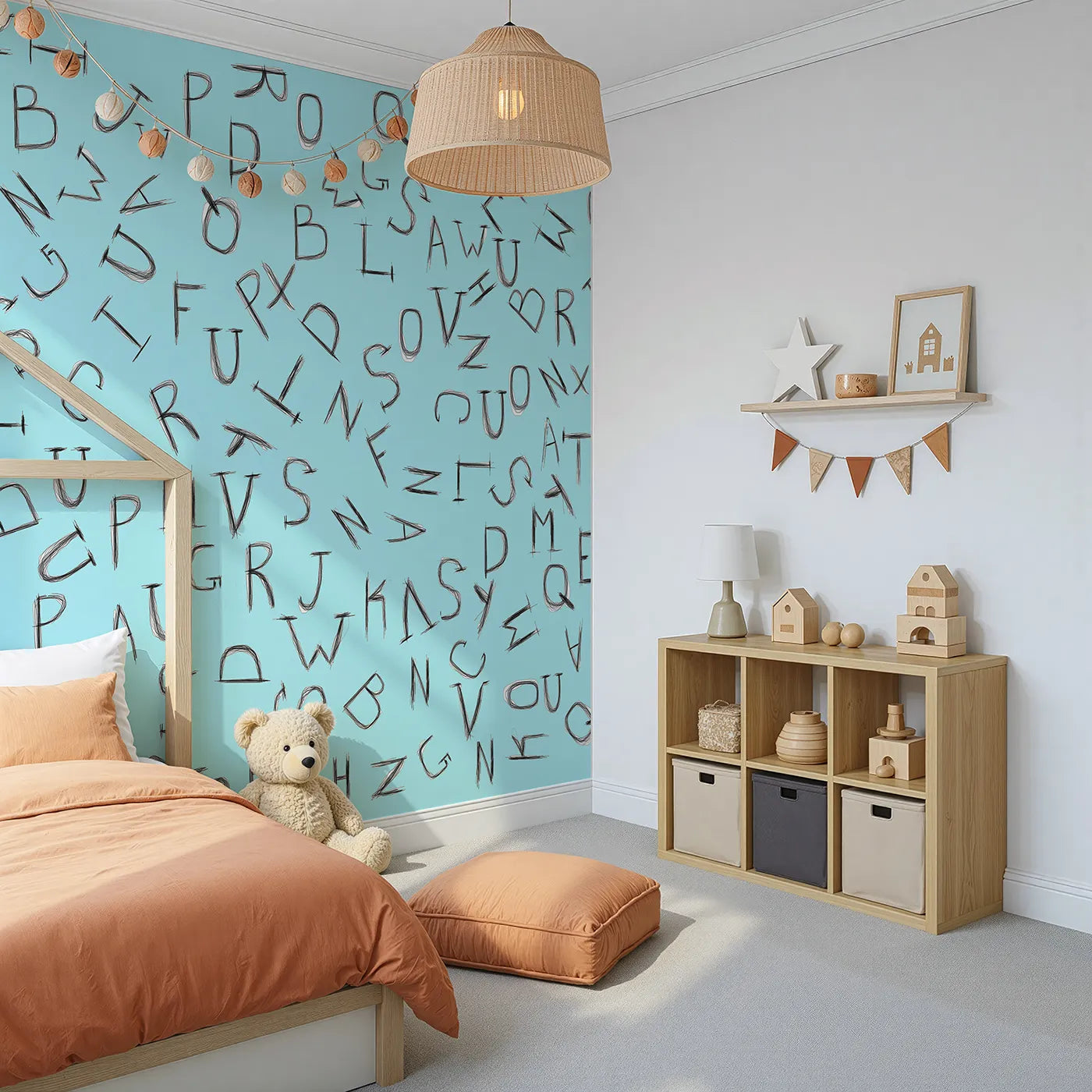 Angled view of Whimsy Tots' Scattered Letters Wall Mural in Blue (Turn Their Room into a Playground for Words).Gender-Neutral