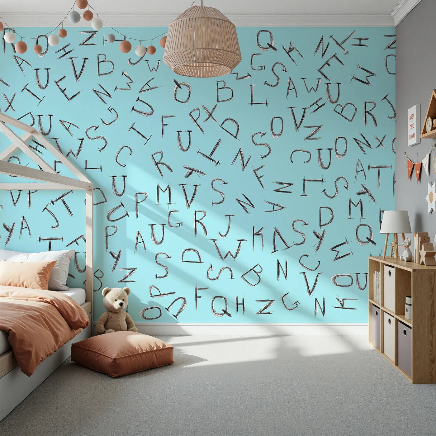 Front view of Whimsy Tots' Scattered Letters Wall Mural in Blue