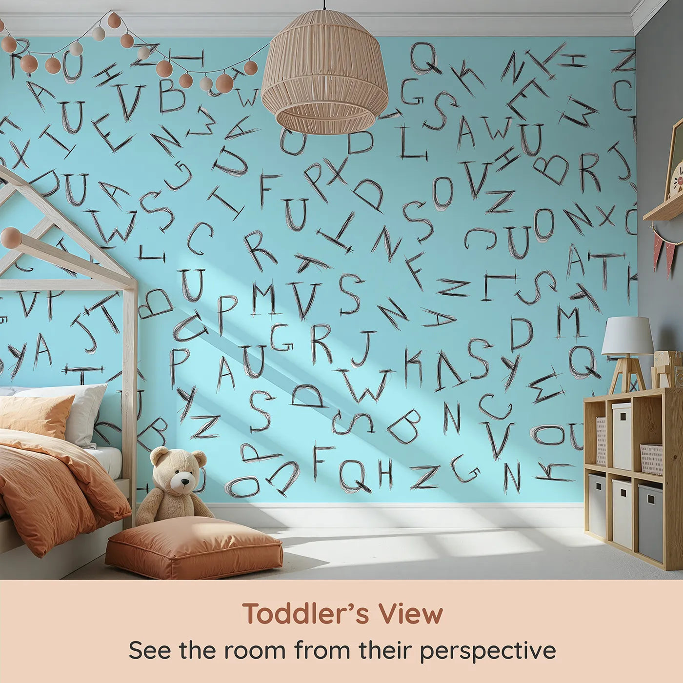 Whimsy Tots Scattered Letters Wall Mural in Blue (Turn Their Room into a Playground for Words) from your child's view.Gender-Neutral