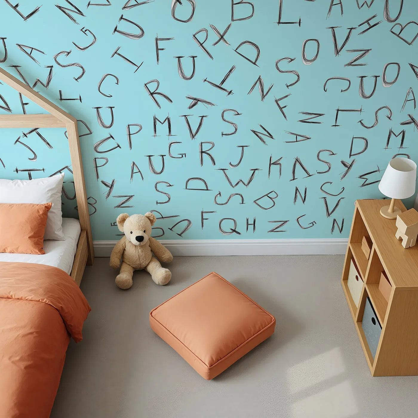 Top-down view of Whimsy Tots' Scattered Letters Wall Mural in Blue (Turn Their Room into a Playground for Words).Gender-Neutral