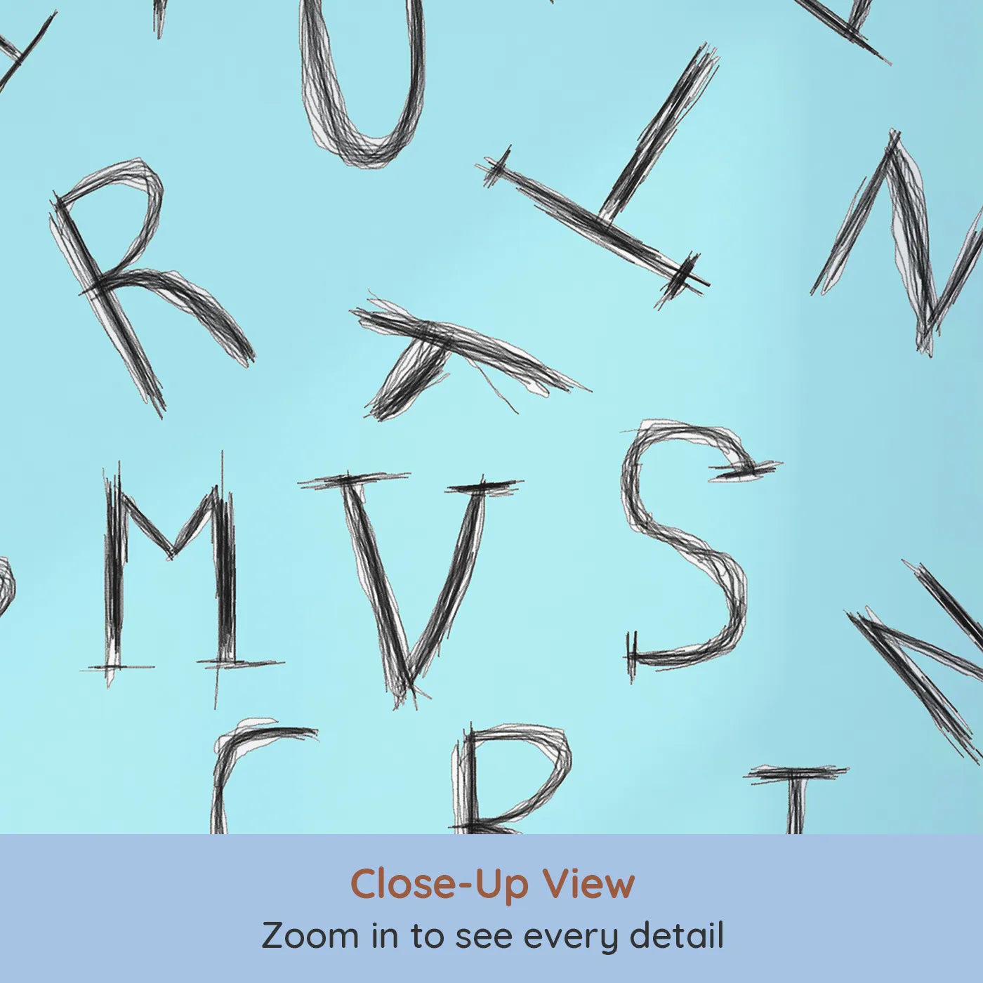 Close-up view of Whimsy Tots' Scattered Letters Wall Mural in Blue (Turn Their Room into a Playground for Words).Gender-Neutral
