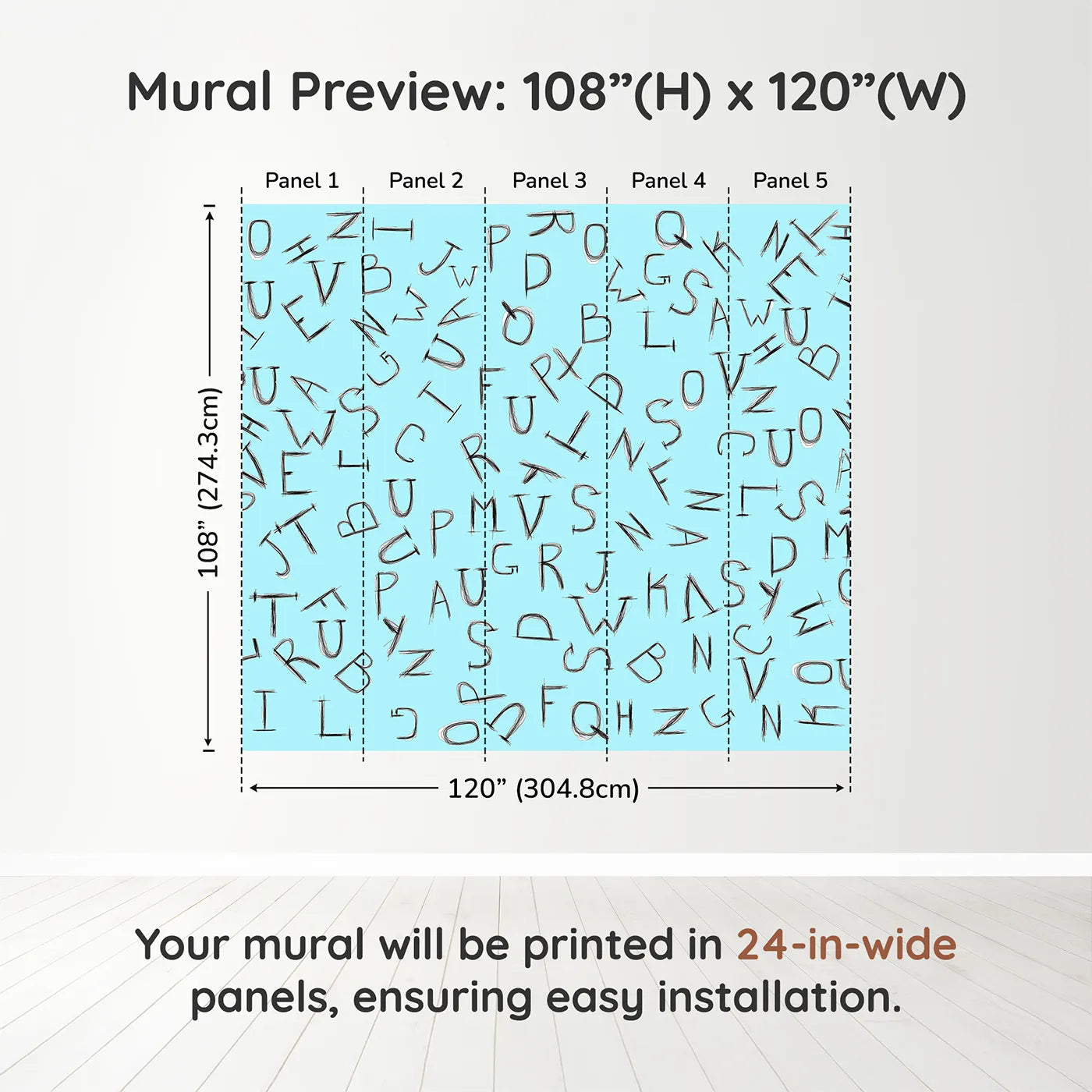 Whimsy Tots Scattered Letters Wall Mural in Bluedimension view (108" H x 120" W). Printed in five 24-inch-wide panels. Gender-Neutral