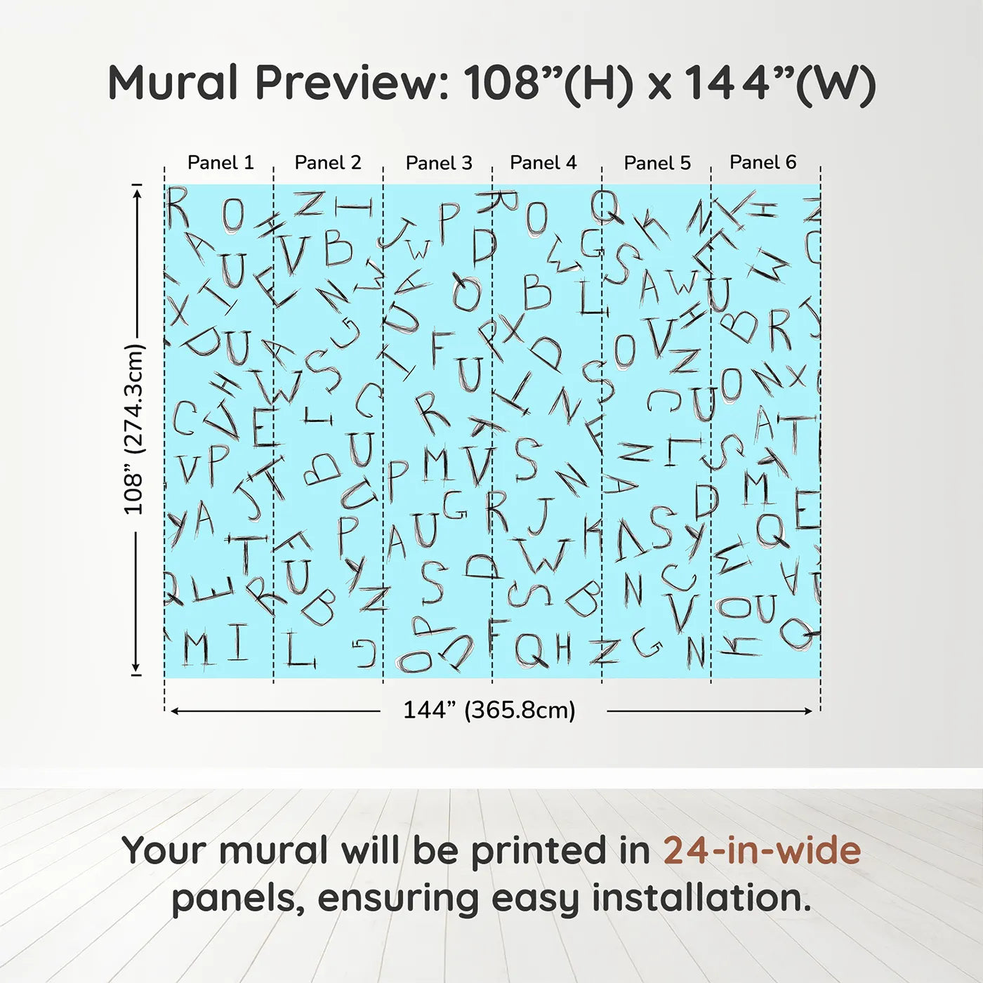 Whimsy Tots Scattered Letters Wall Mural in Bluedimension view (108" H x 144" W). Printed in six 24-inch-wide panels. Gender-Neutral