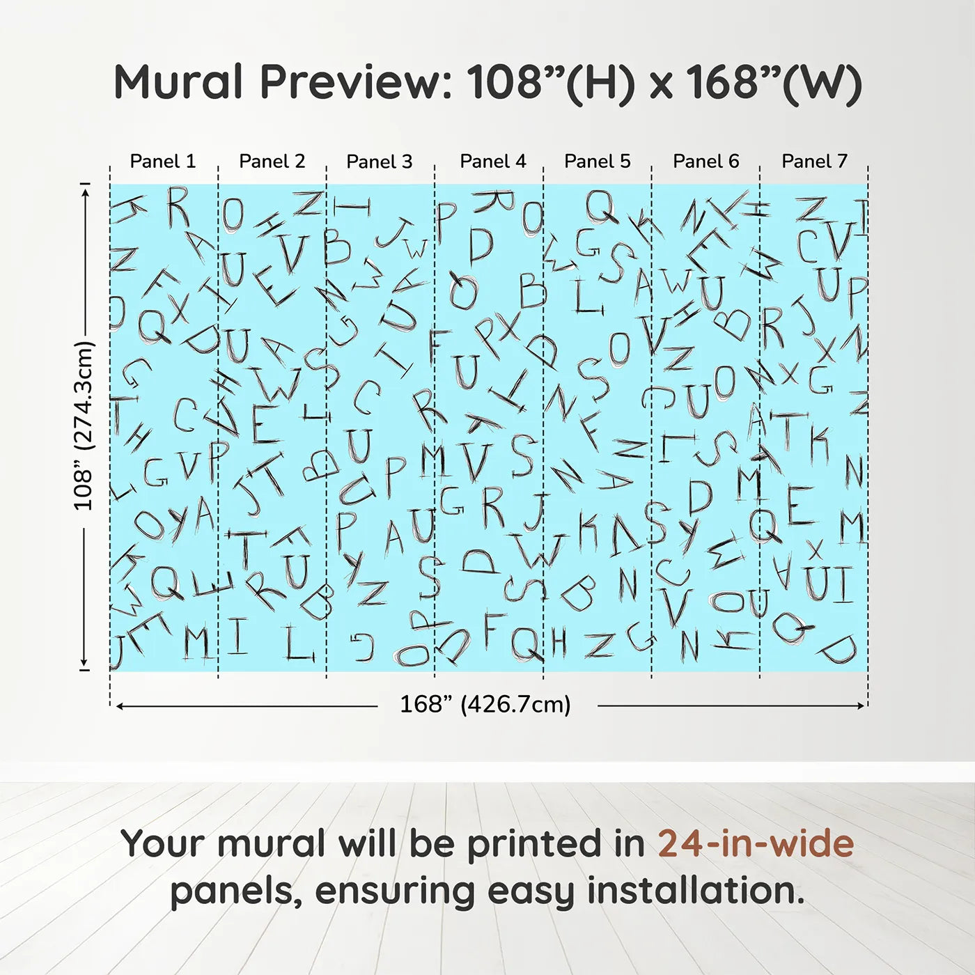 Whimsy Tots Scattered Letters Wall Mural in Bluedimension view (108" H x 168" W). Printed in seven 24-inch-wide panels. Gender-Neutral