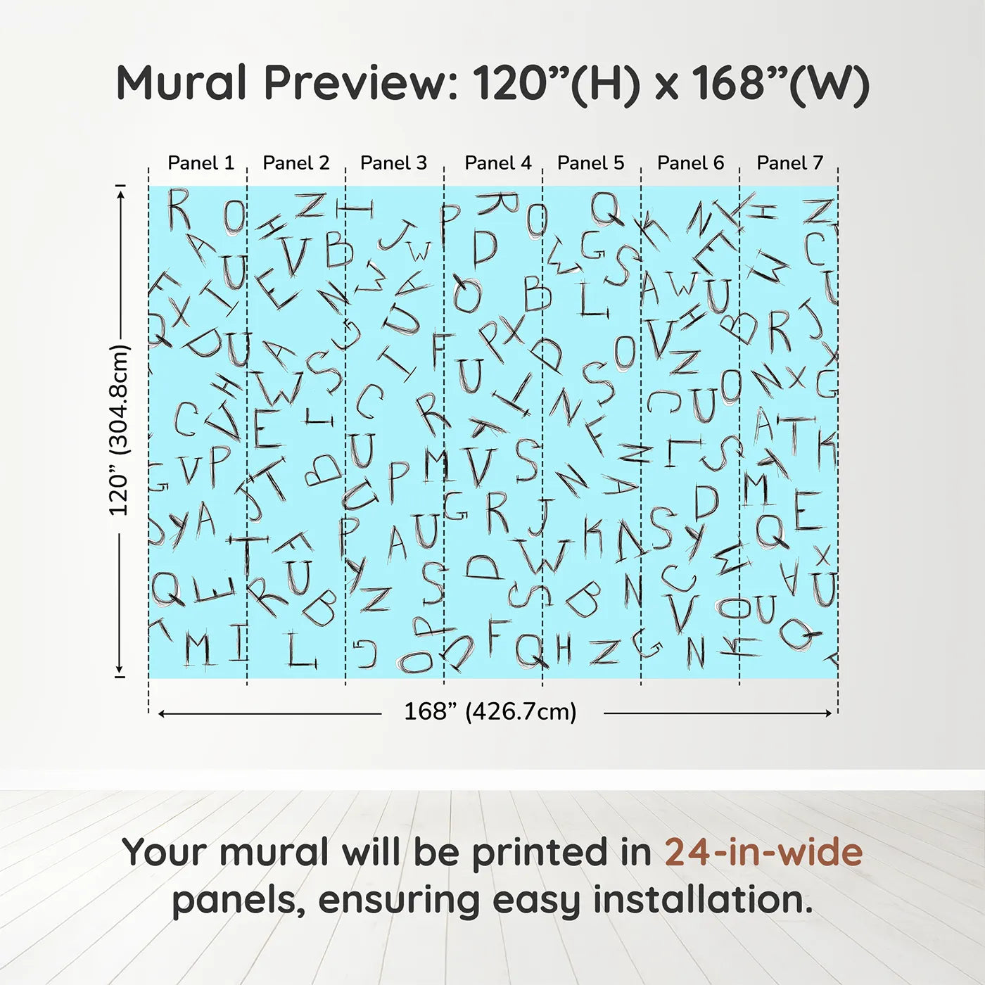 Whimsy Tots Scattered Letters Wall Mural in Bluedimension view (120" H x 168" W). Printed in seven 24-inch-wide panels. Gender-Neutral