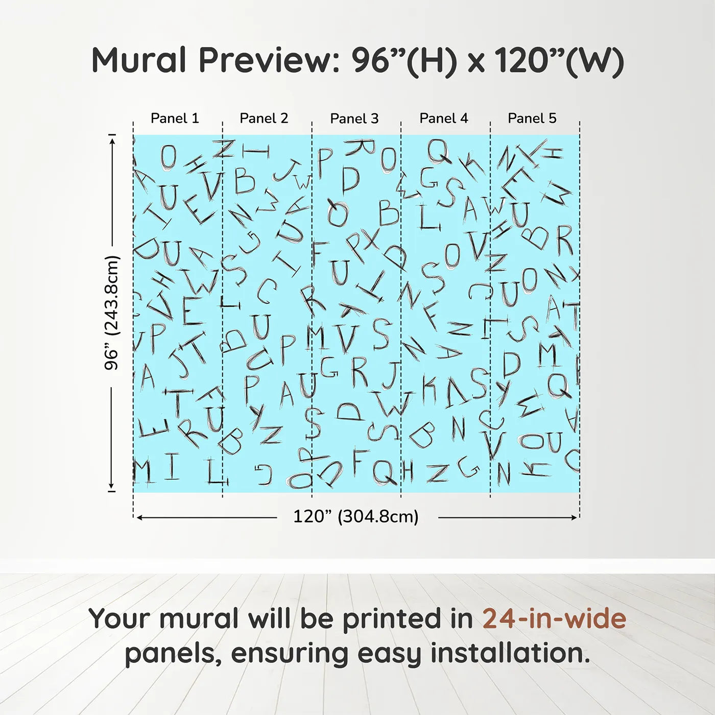 Whimsy Tots Scattered Letters Wall Mural in Bluedimension view (96" H x 120" W). Printed in five 24-inch-wide panels. Gender-Neutral
