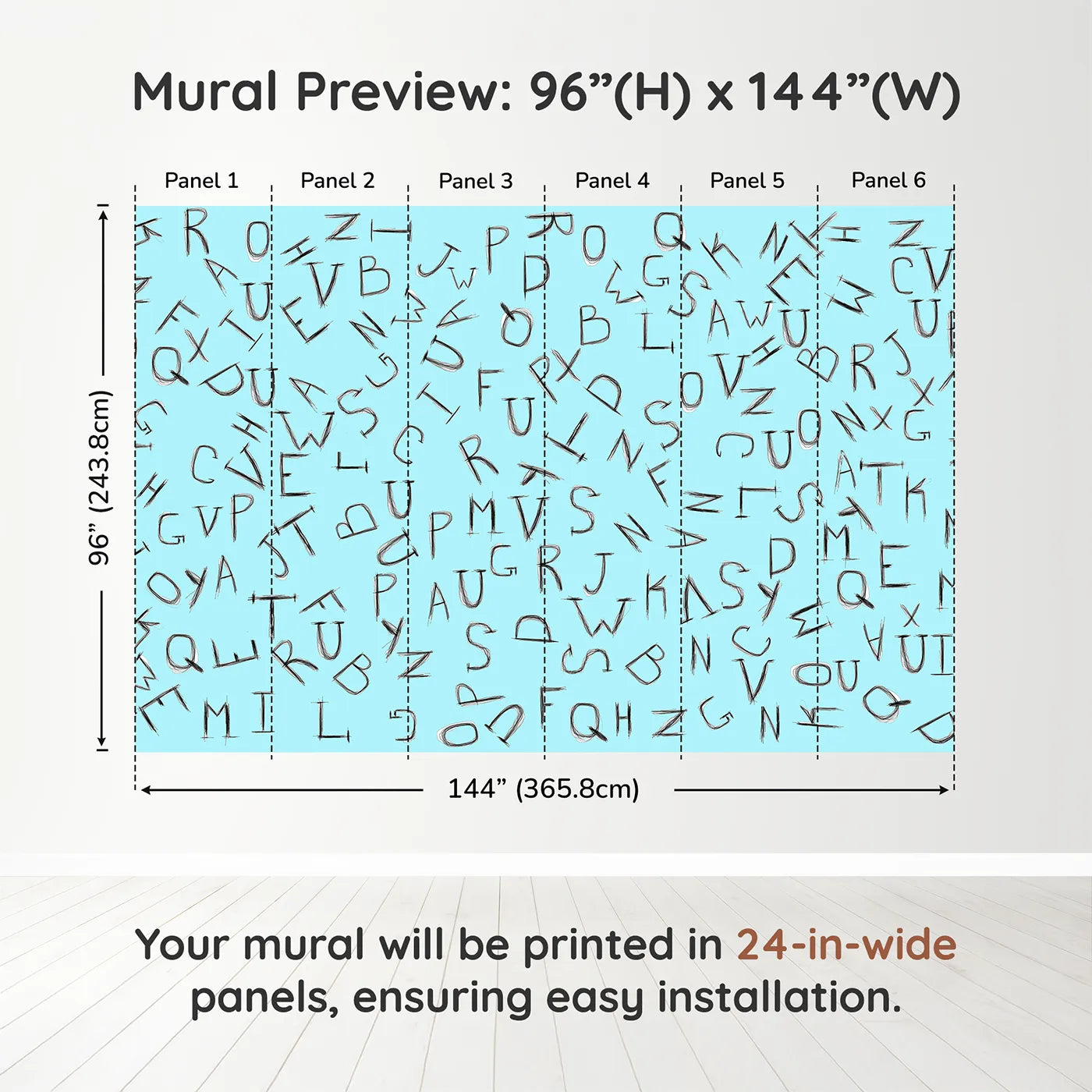 Whimsy Tots Scattered Letters Wall Mural in Bluedimension view (96" H x 144" W). Printed in six 24-inch-wide panels. Gender-Neutral