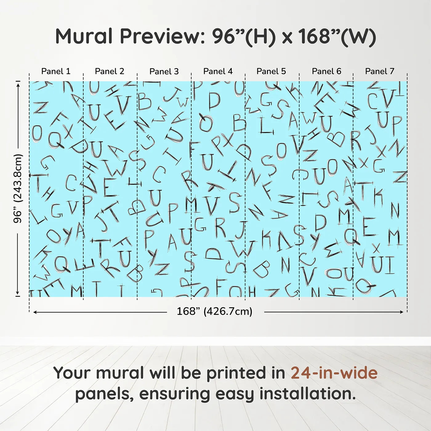 Whimsy Tots Scattered Letters Wall Mural in Bluedimension view (96" H x 168" W). Printed in seven 24-inch-wide panels. Gender-Neutral