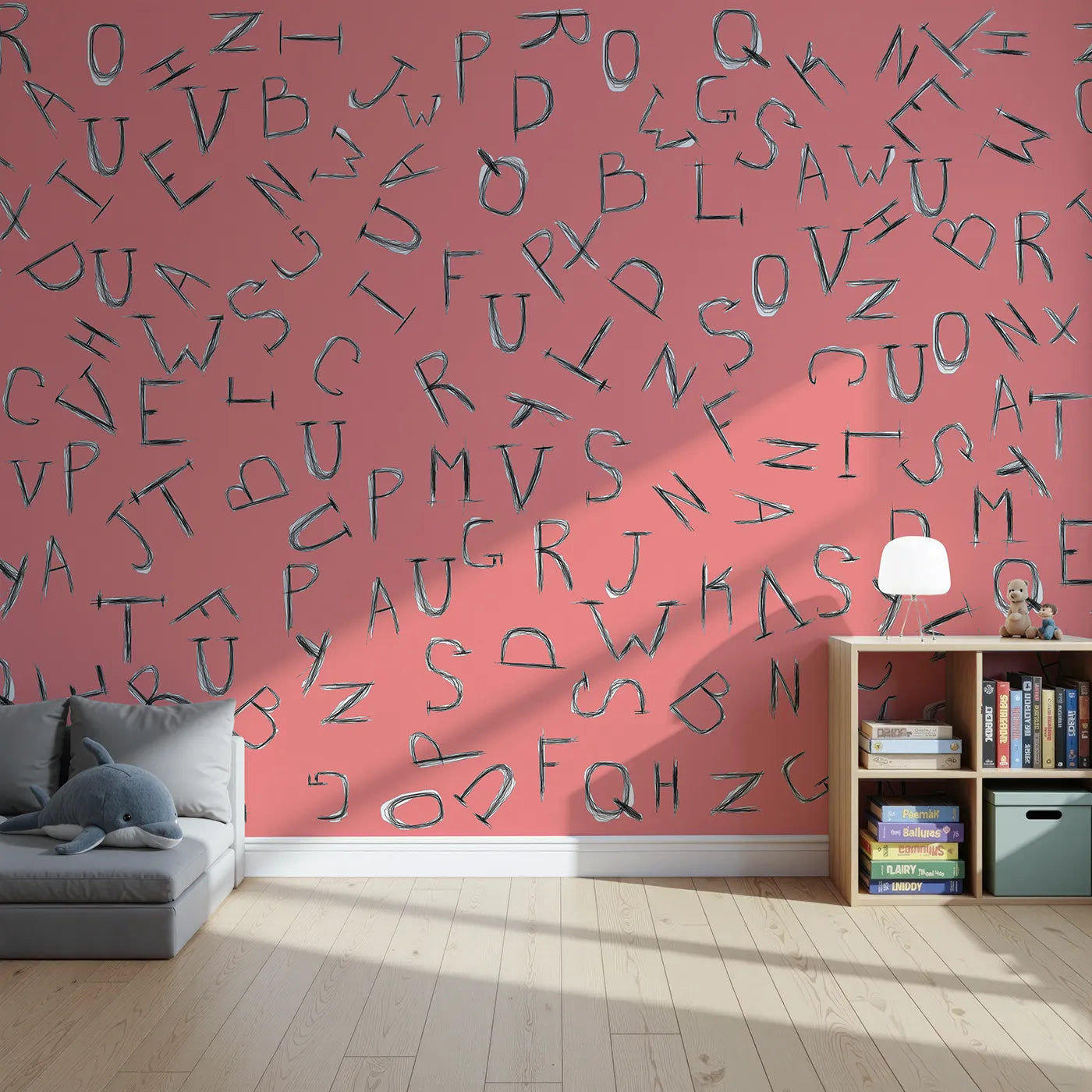 Front view of Whimsy Tots' Scattered Letters Wall Mural in Pink
