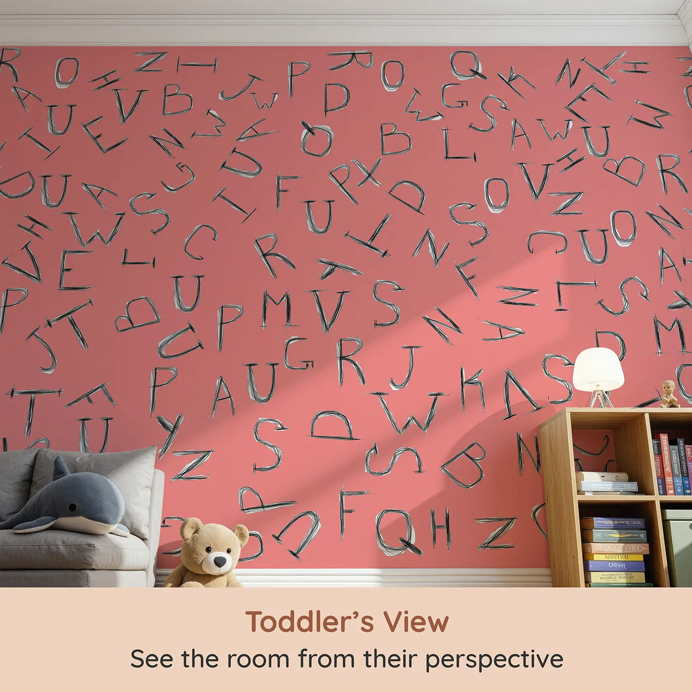 Whimsy Tots Scattered Letters Wall Mural in Pink (Turn Their Room into a Playground for Words) from your child's view.Best for Girls