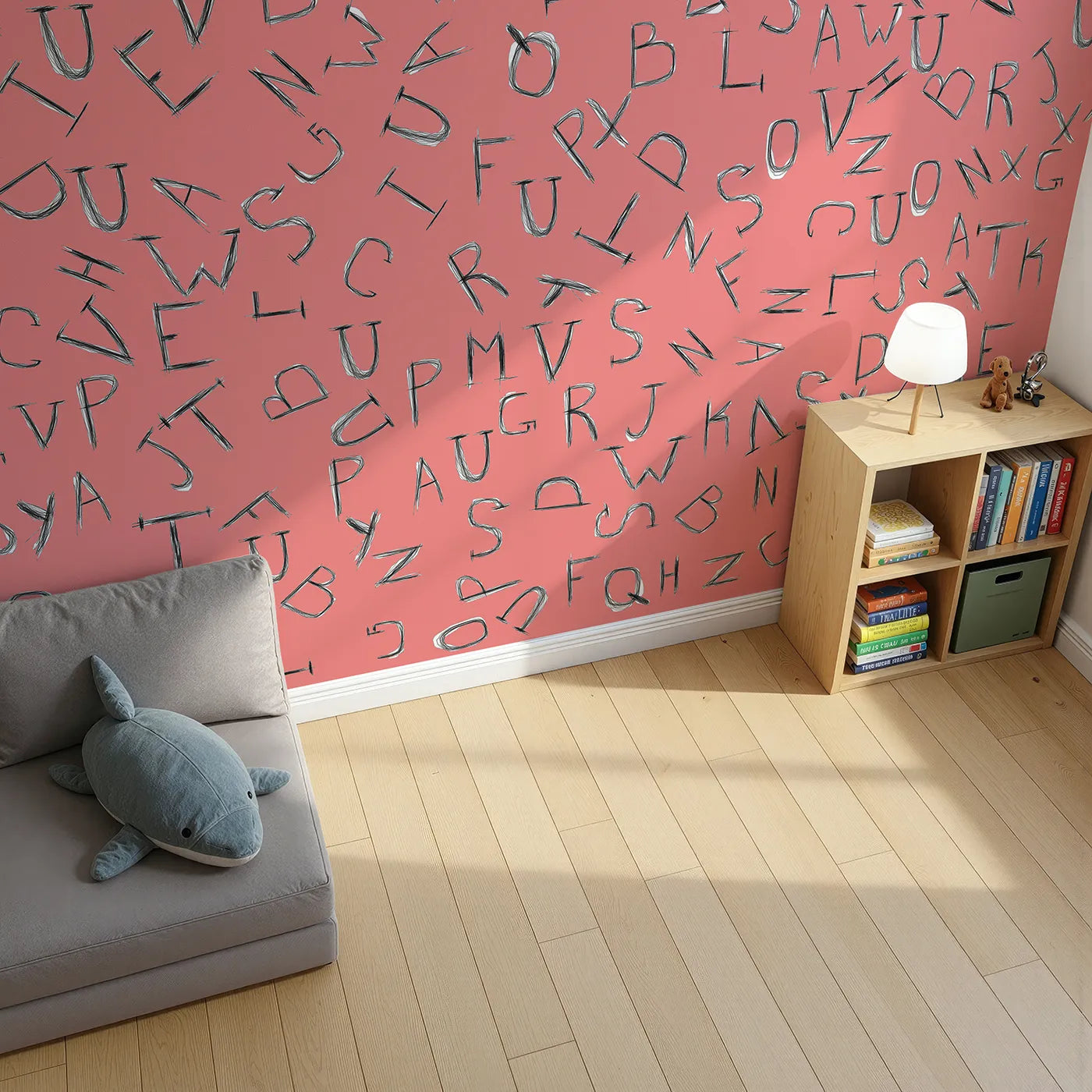 Top-down view of Whimsy Tots' Scattered Letters Wall Mural in Pink (Turn Their Room into a Playground for Words).Best for Girls