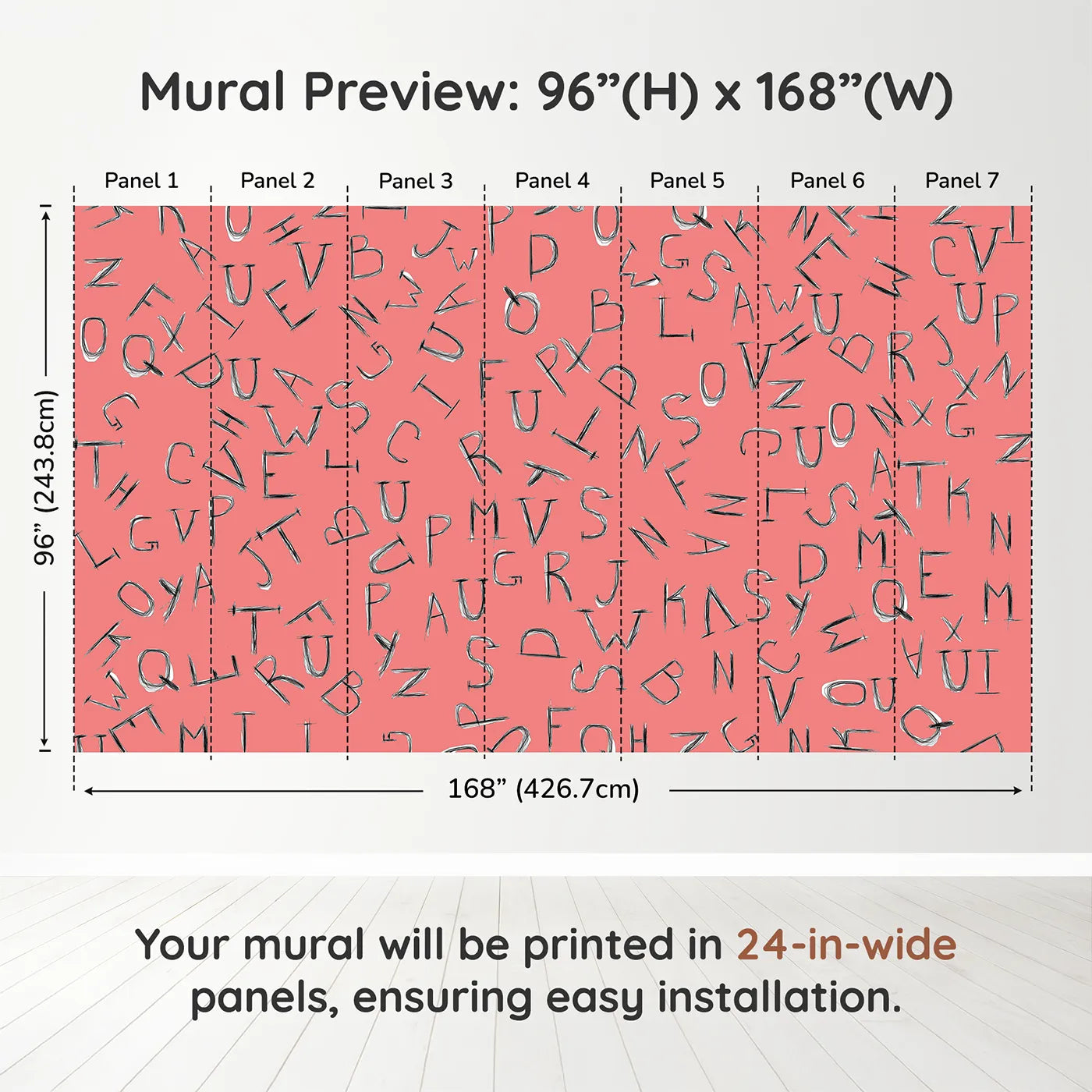 Whimsy Tots Scattered Letters Wall Mural in Pinkdimension view (96" H x 168" W). Printed in seven 24-inch-wide panels. Best for Girls