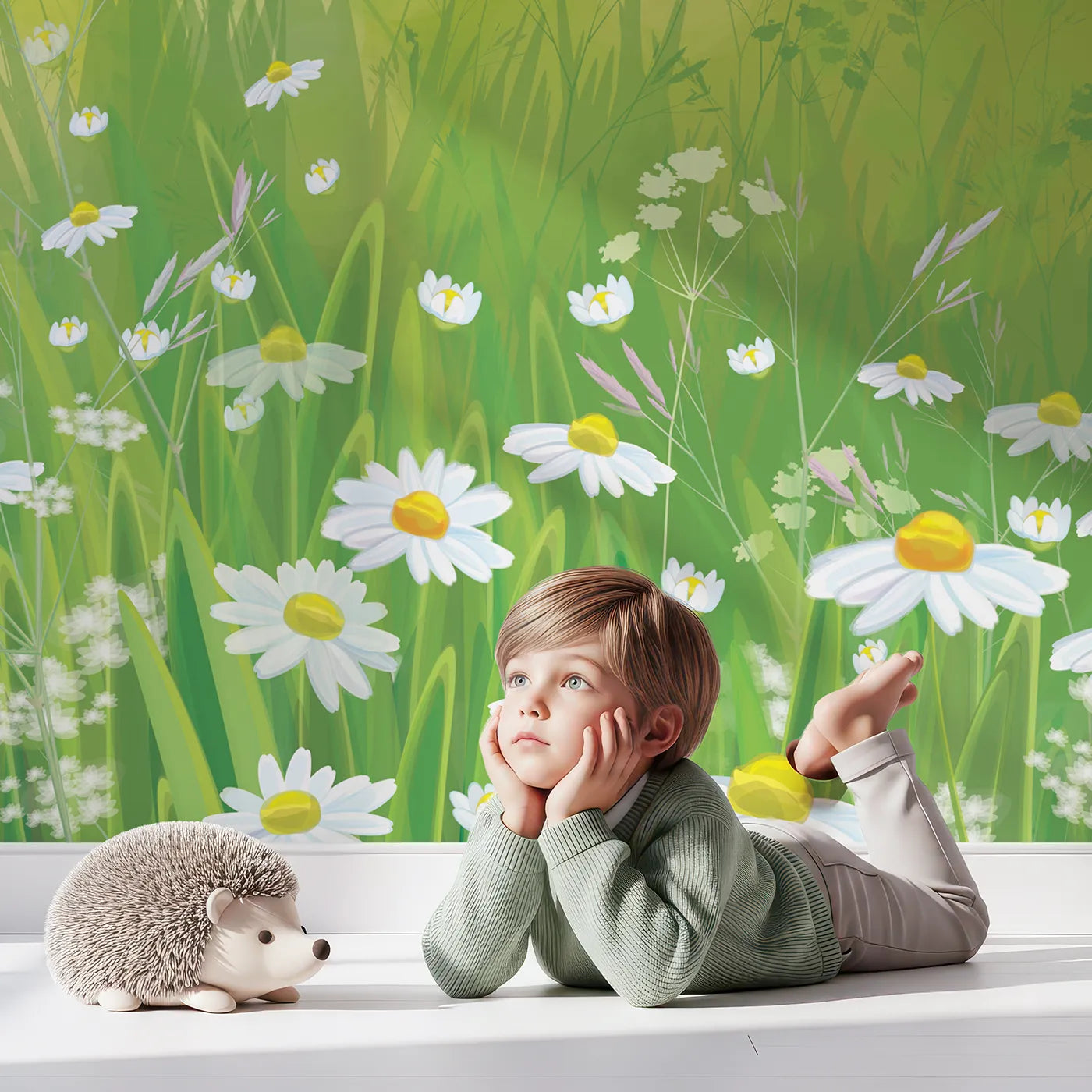Child in front of Whimsy Tots Summer Wildflower Meadow Wall Mural with meadow, flower, daisy, wildflower, grass, nature, summer, sun in design.