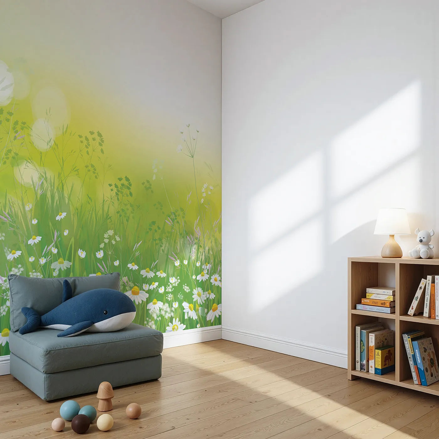 Angled view of Whimsy Tots' Summer Wildflower Meadow Wall Mural (Turn Their Room into a Sun-Kissed Daisy Field).Gender-Neutral