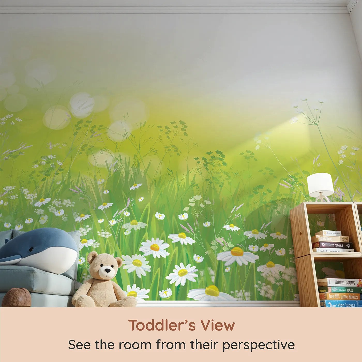 Whimsy Tots Summer Wildflower Meadow Wall Mural (Turn Their Room into a Sun-Kissed Daisy Field) from your child's view.Gender-Neutral