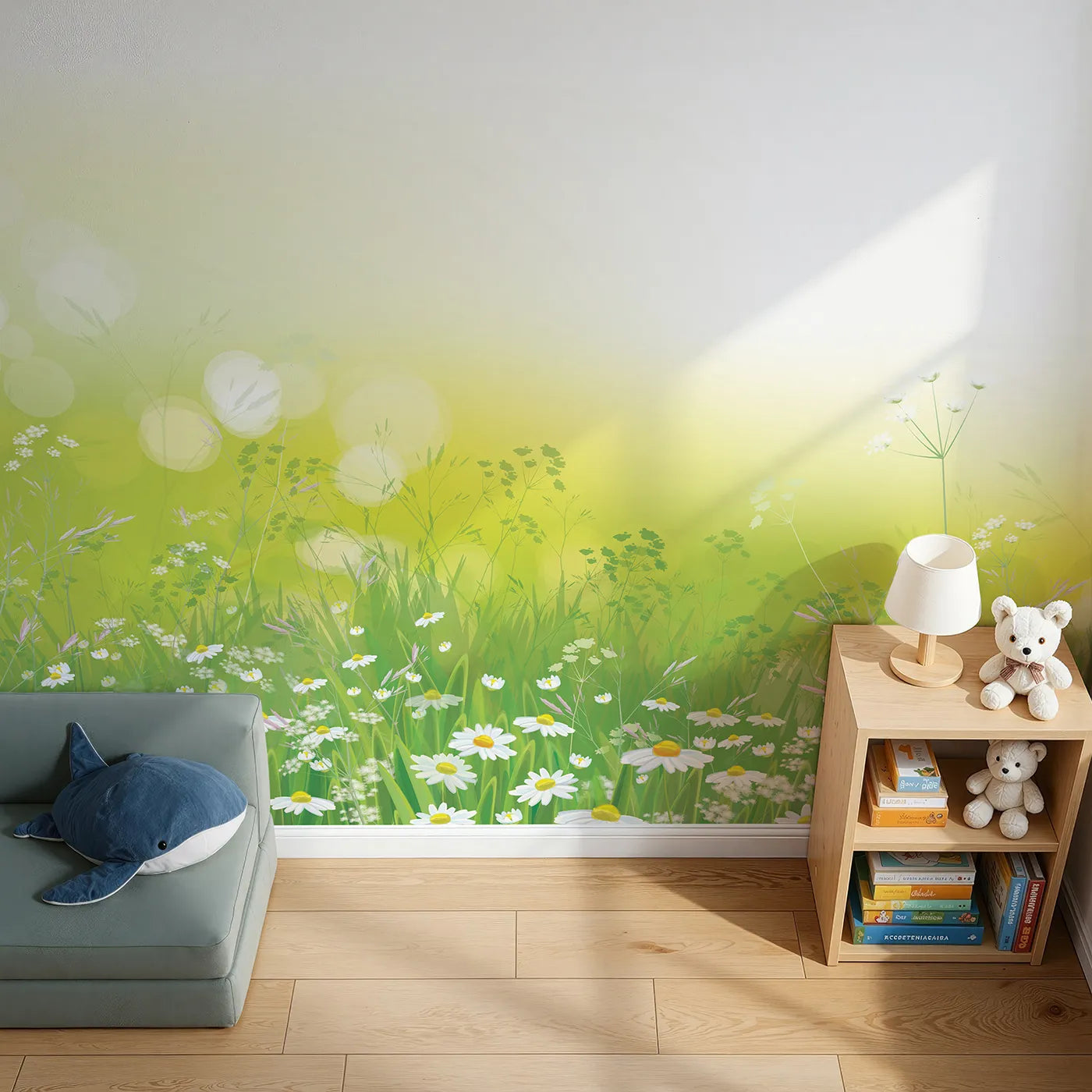 Top-down view of Whimsy Tots' Summer Wildflower Meadow Wall Mural (Turn Their Room into a Sun-Kissed Daisy Field).Gender-Neutral