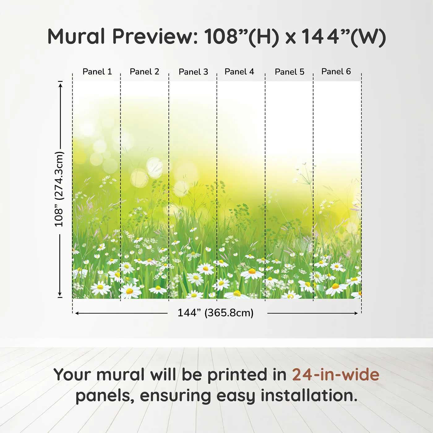 Whimsy Tots Summer Wildflower Meadow Wall Muraldimension view (108" H x 144" W). Printed in six 24-inch-wide panels. Gender-Neutral
