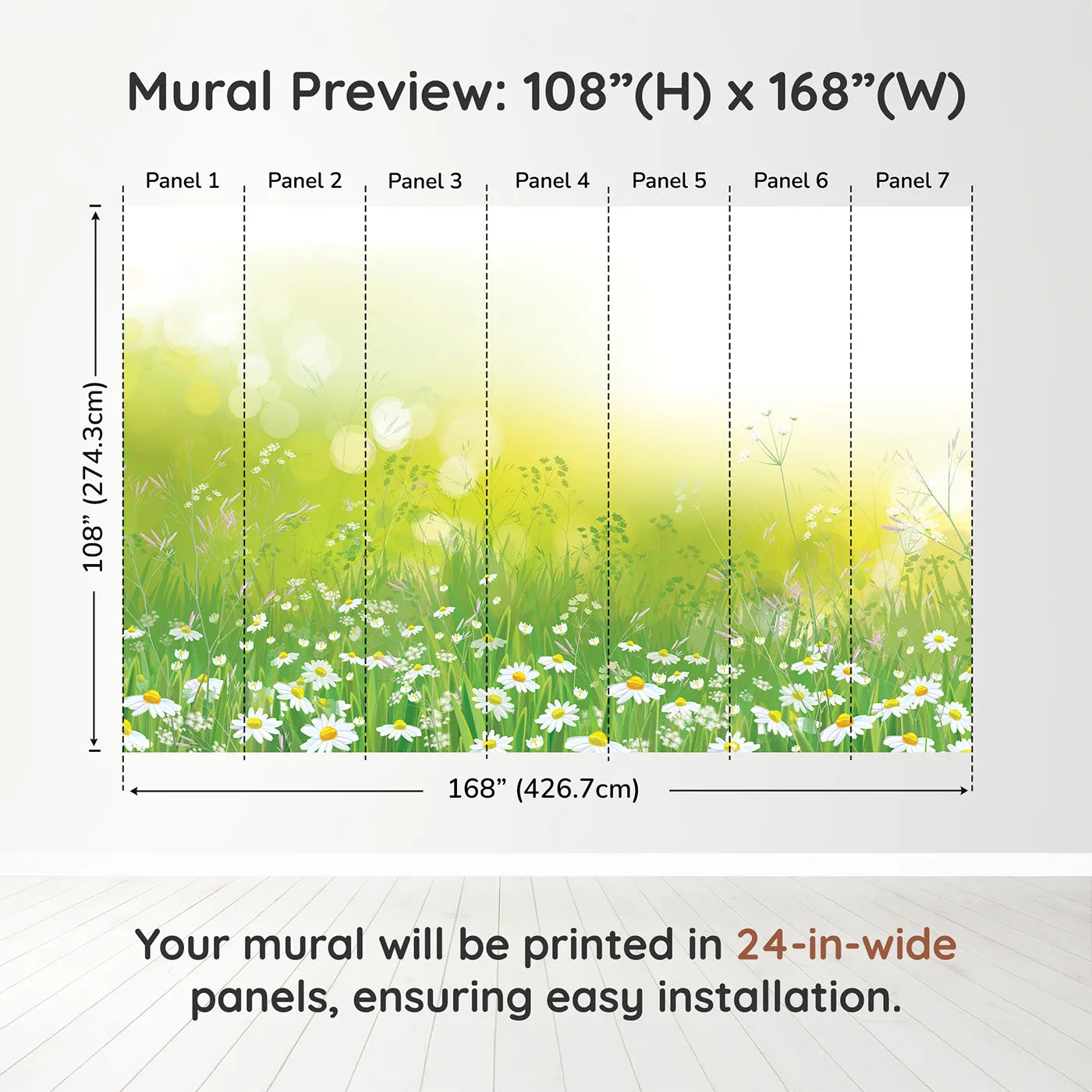 Whimsy Tots Summer Wildflower Meadow Wall Muraldimension view (108" H x 168" W). Printed in seven 24-inch-wide panels. Gender-Neutral