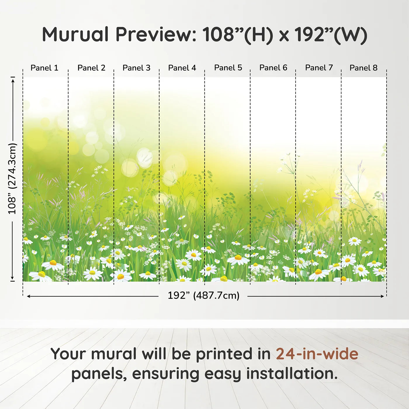 Whimsy Tots Summer Wildflower Meadow Wall Muraldimension view (108" H x 192" W). Printed in eight 24-inch-wide panels. Gender-Neutral
