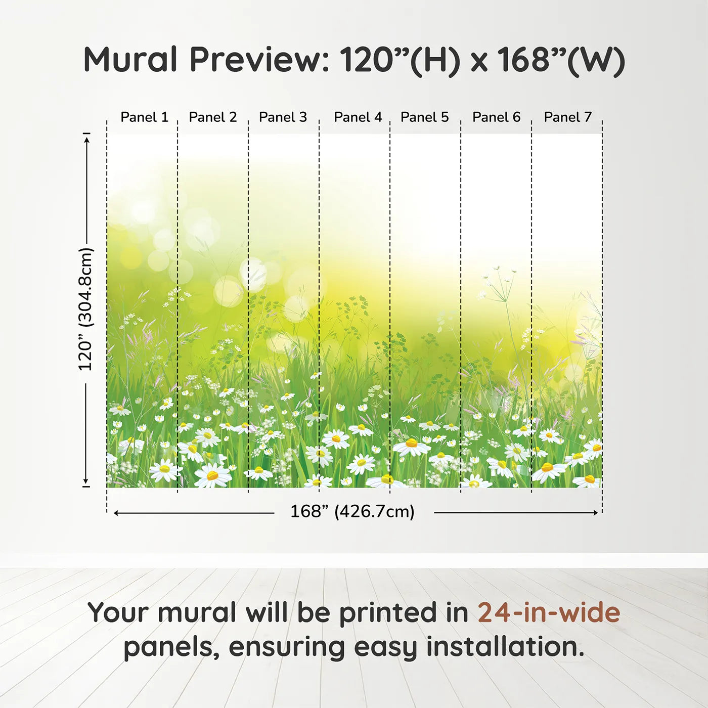Whimsy Tots Summer Wildflower Meadow Wall Muraldimension view (120" H x 168" W). Printed in seven 24-inch-wide panels. Gender-Neutral