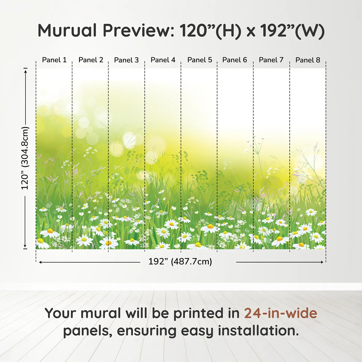 Whimsy Tots Summer Wildflower Meadow Wall Muraldimension view (120" H x 192" W). Printed in eight 24-inch-wide panels. Gender-Neutral