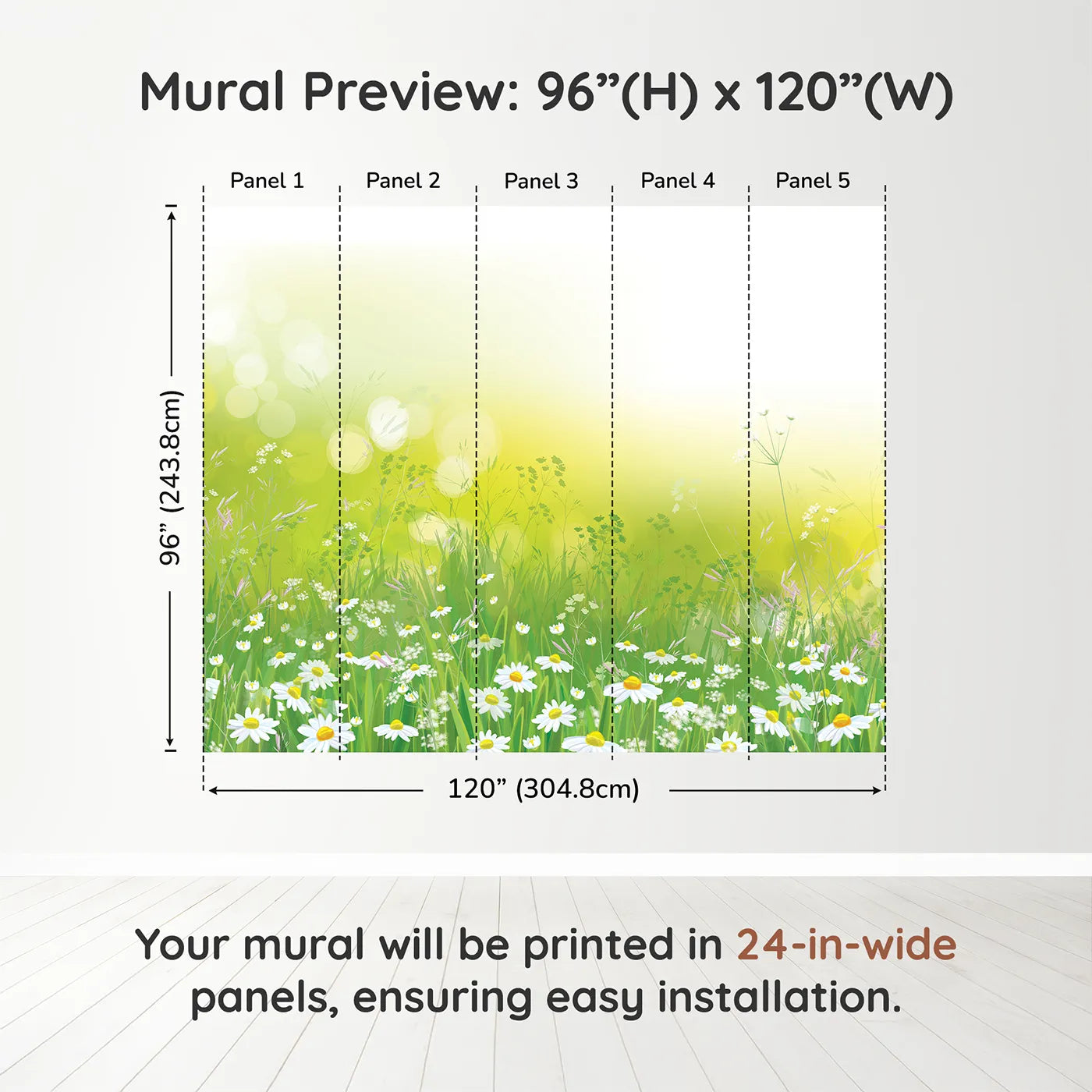 Whimsy Tots Summer Wildflower Meadow Wall Muraldimension view (96" H x 120" W). Printed in five 24-inch-wide panels. Gender-Neutral