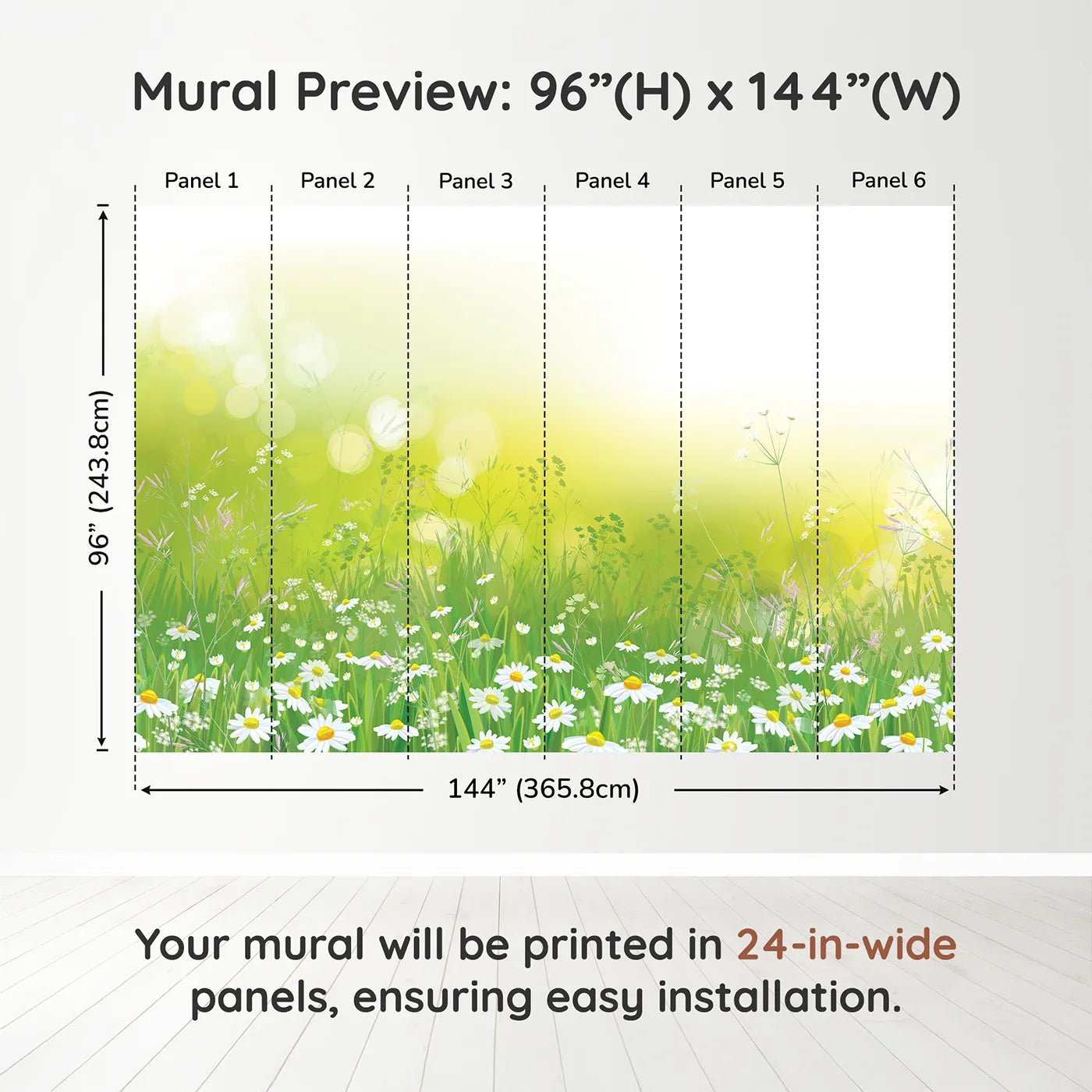 Whimsy Tots Summer Wildflower Meadow Wall Muraldimension view (96" H x 144" W). Printed in six 24-inch-wide panels. Gender-Neutral