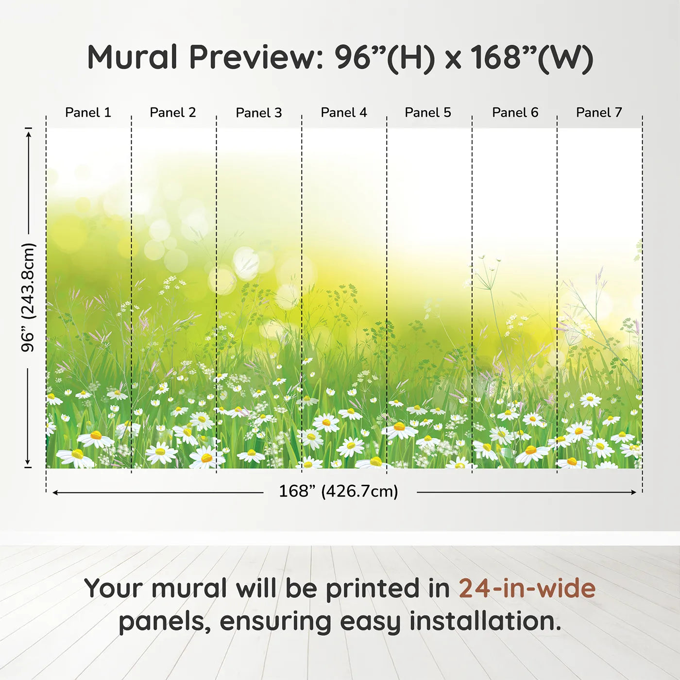 Whimsy Tots Summer Wildflower Meadow Wall Muraldimension view (96" H x 168" W). Printed in seven 24-inch-wide panels. Gender-Neutral