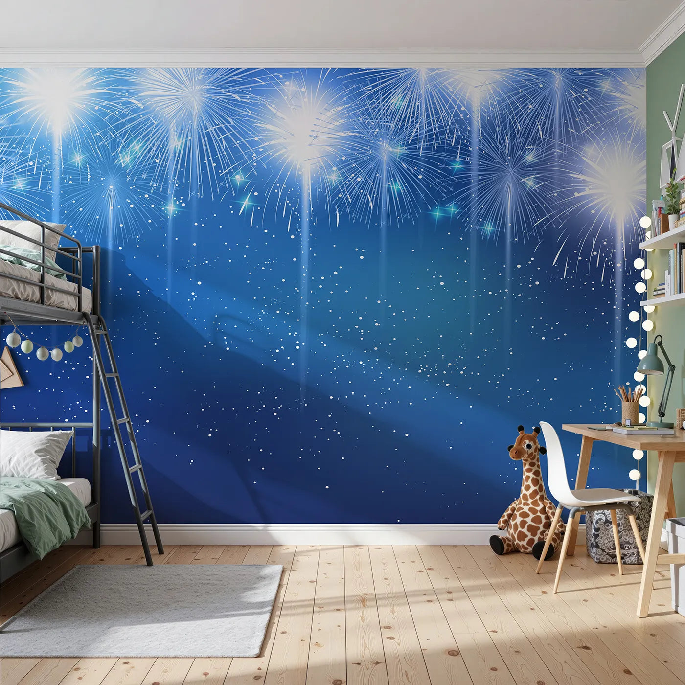 Front view of Whimsy Tots' Midnight Fireworks Celebration Wall Mural
