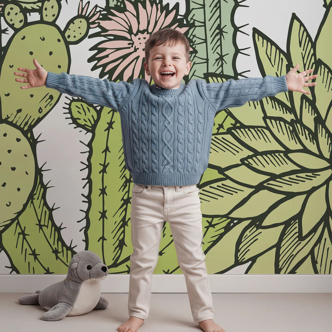 Child in front of Whimsy Tots Desert Cactus Garden Wall Mural with cactus, succulent, desert, nature, plant, botanical, boho in design.