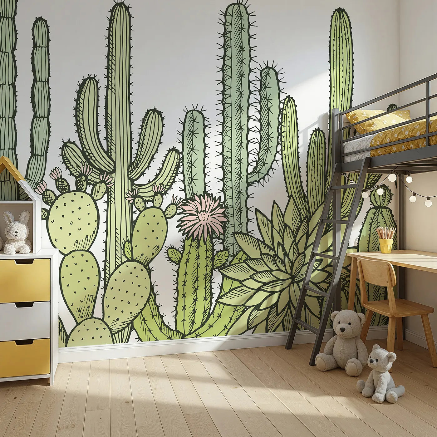 Angled view of Whimsy Tots' Desert Cactus Garden Wall Mural (Turn Their Room into a Stylish Desert Oasis).Gender-Neutral