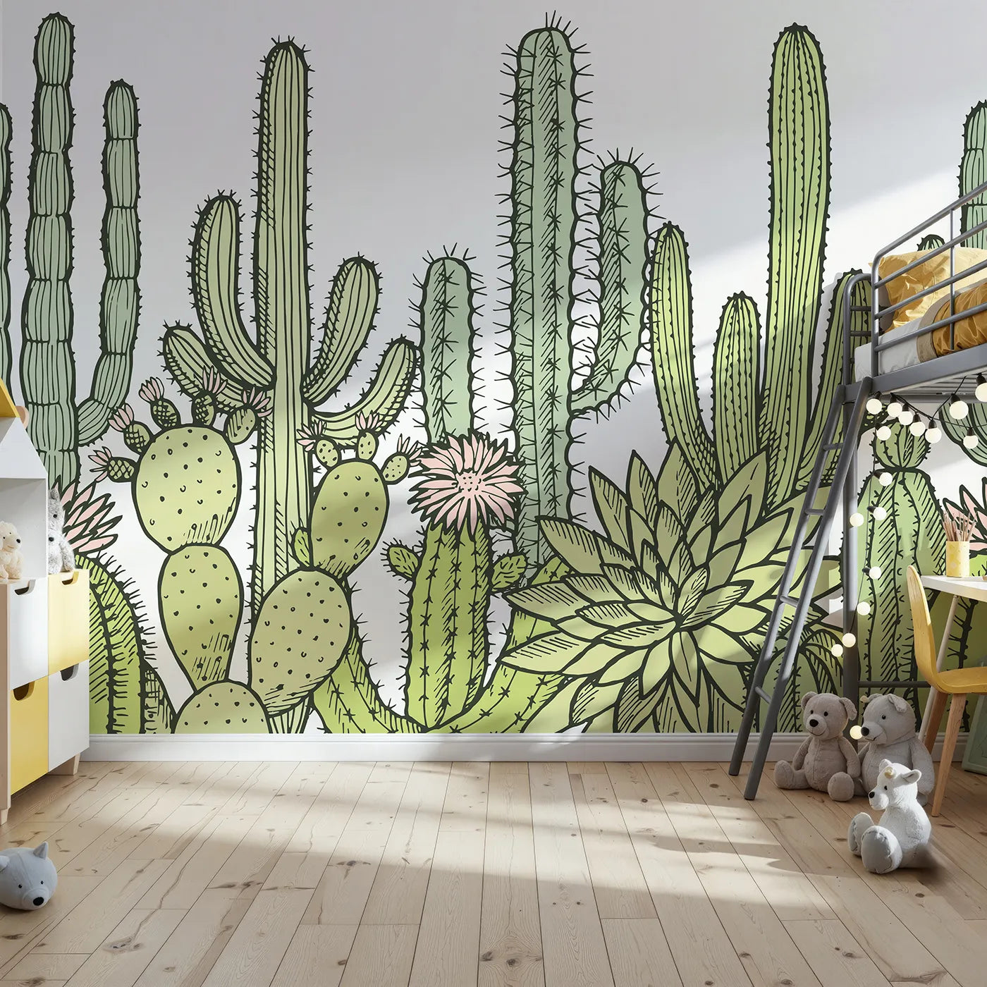 Front view of Whimsy Tots' Desert Cactus Garden Wall Mural
