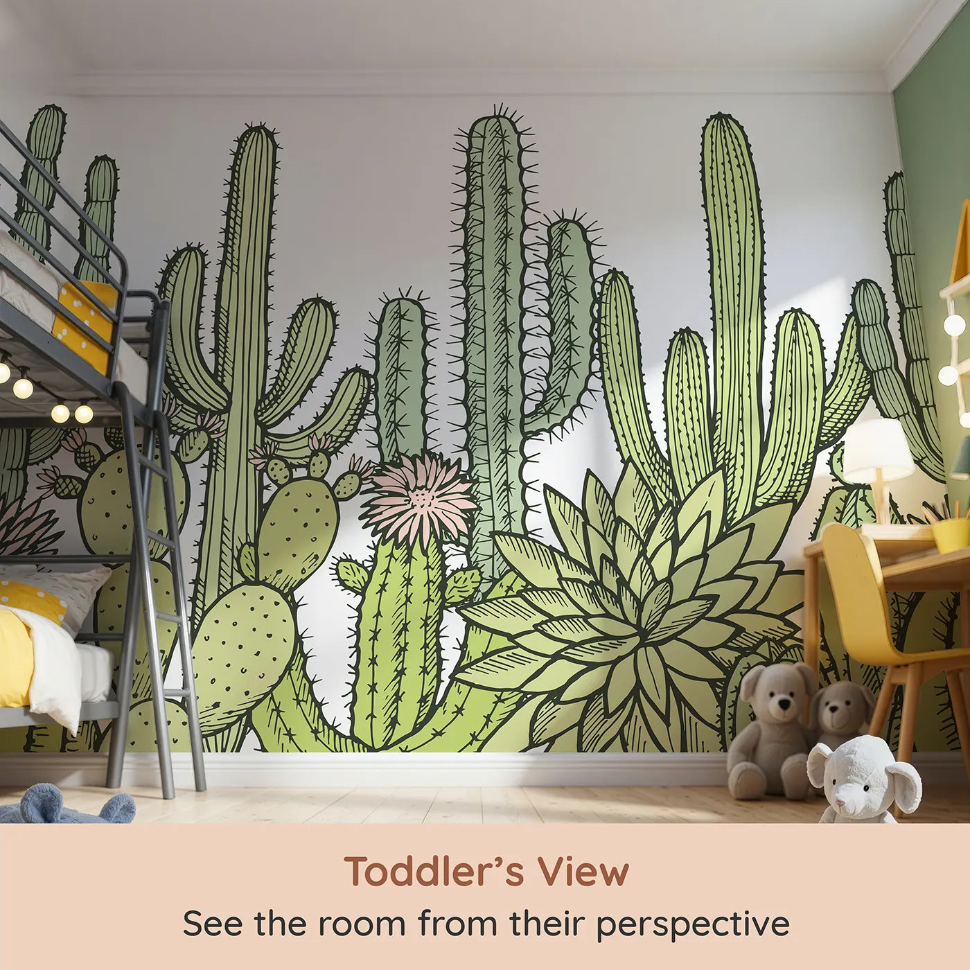 Whimsy Tots Desert Cactus Garden Wall Mural (Turn Their Room into a Stylish Desert Oasis) from your child's view.Gender-Neutral