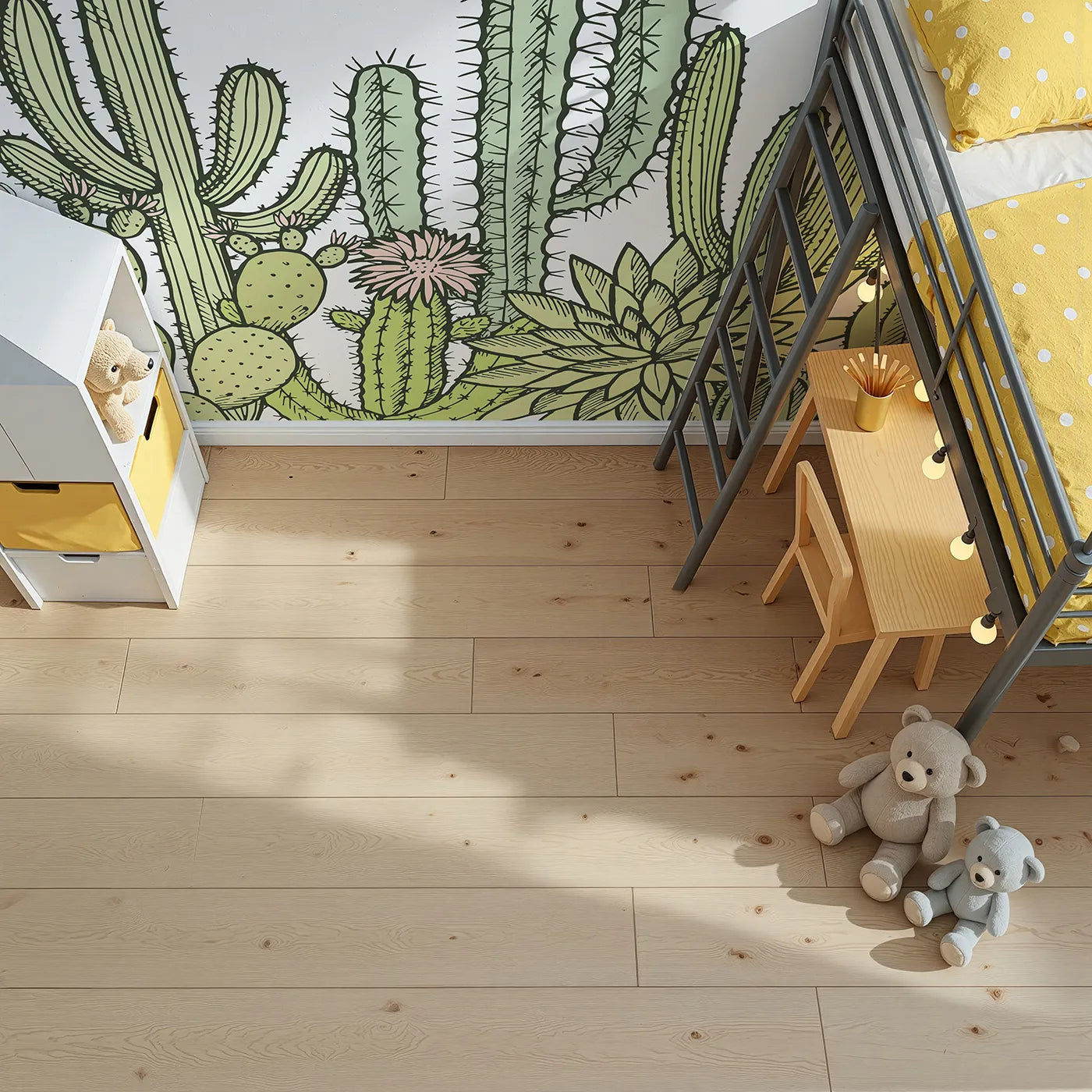Top-down view of Whimsy Tots' Desert Cactus Garden Wall Mural (Turn Their Room into a Stylish Desert Oasis).Gender-Neutral