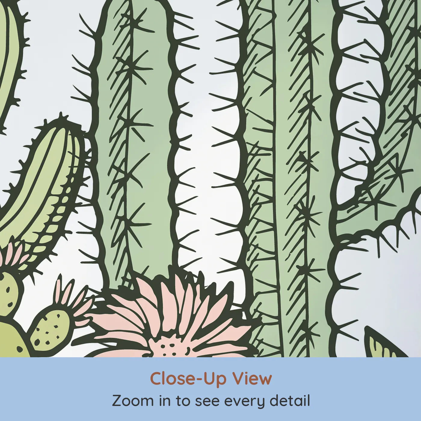 Close-up view of Whimsy Tots' Desert Cactus Garden Wall Mural (Turn Their Room into a Stylish Desert Oasis).Gender-Neutral