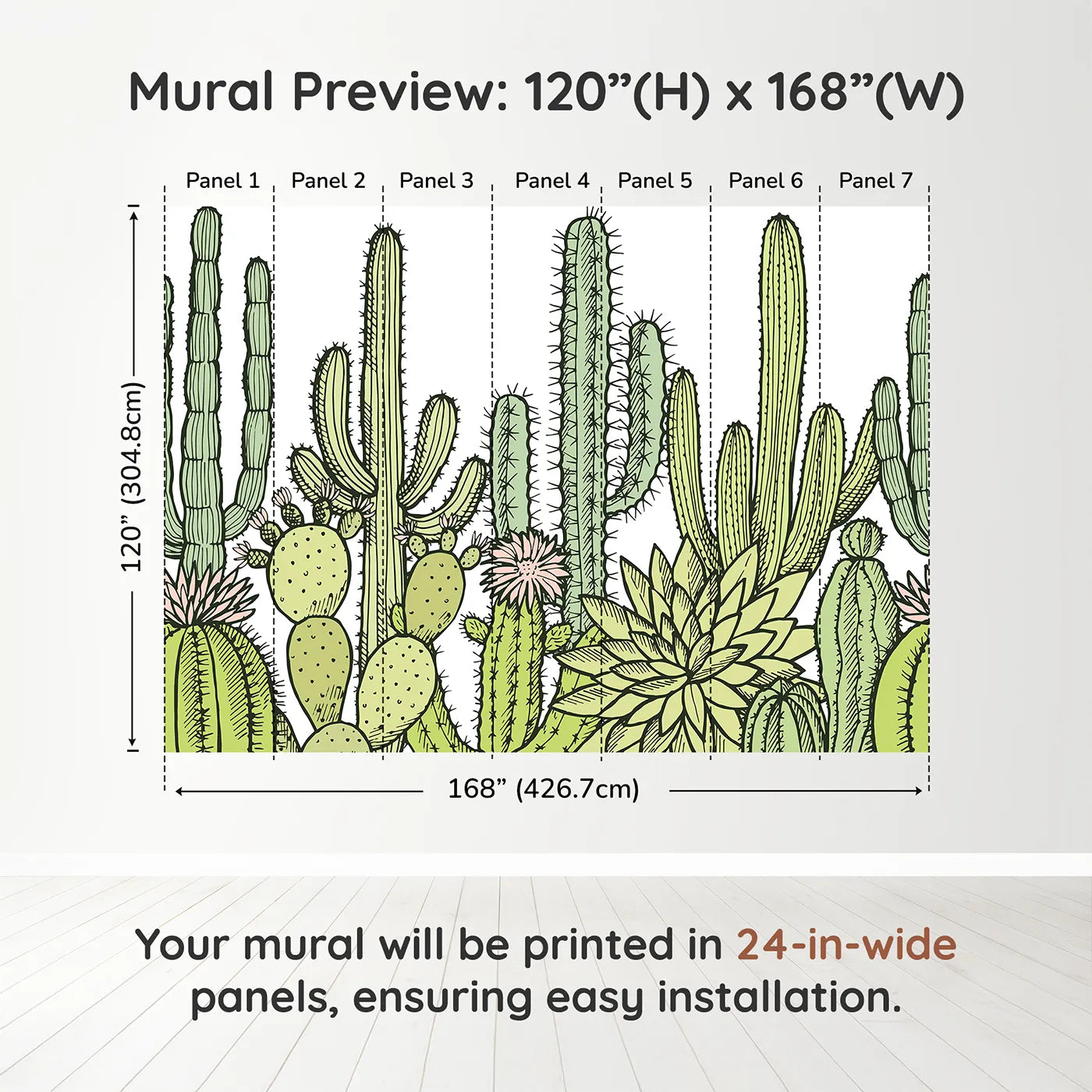Whimsy Tots Desert Cactus Garden Wall Muraldimension view (120" H x 168" W). Printed in seven 24-inch-wide panels. Gender-Neutral