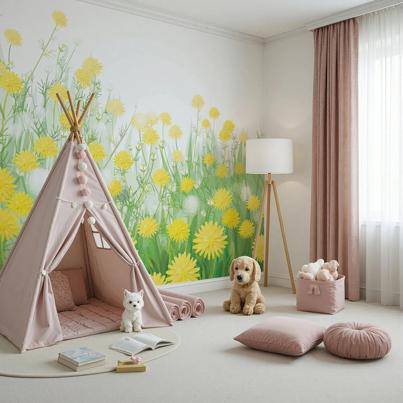 Angled view of Whimsy Tots' Field of Dandelions Wall Mural (Turn Their Room into a Meadow of Sunny Wishes).Gender-Neutral