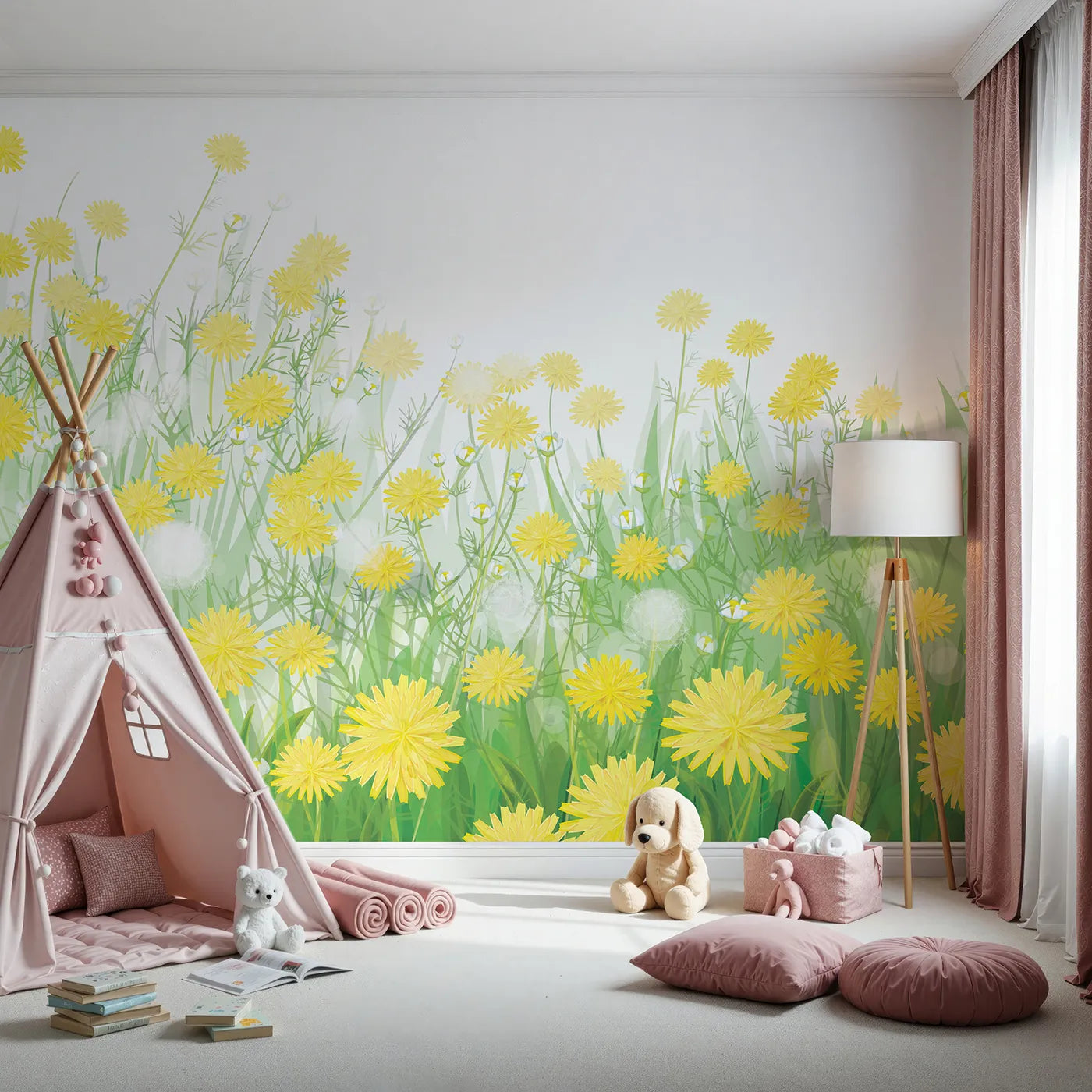 Front view of Whimsy Tots' Field of Dandelions Wall Mural