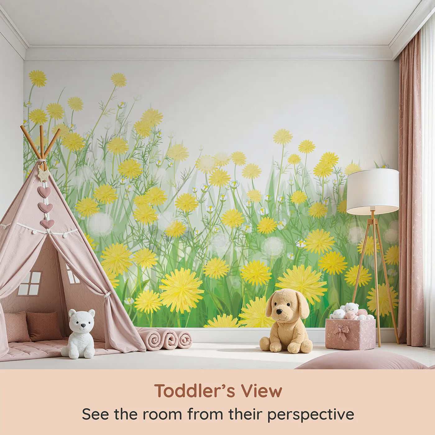 Whimsy Tots Field of Dandelions Wall Mural (Turn Their Room into a Meadow of Sunny Wishes) from your child's view.Gender-Neutral