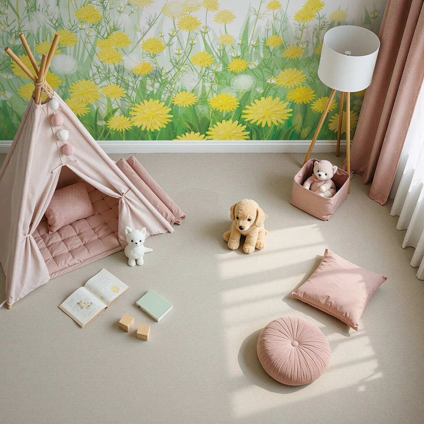 Top-down view of Whimsy Tots' Field of Dandelions Wall Mural (Turn Their Room into a Meadow of Sunny Wishes).Gender-Neutral
