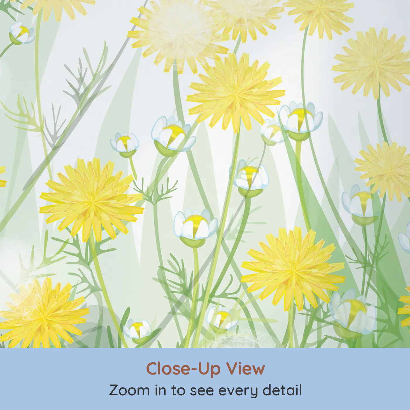 Close-up view of Whimsy Tots' Field of Dandelions Wall Mural (Turn Their Room into a Meadow of Sunny Wishes).Gender-Neutral