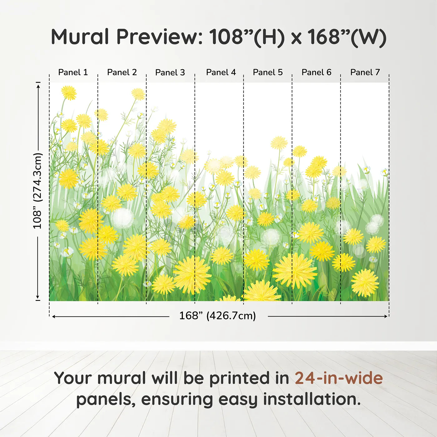 Whimsy Tots Field of Dandelions Wall Muraldimension view (108" H x 168" W). Printed in seven 24-inch-wide panels. Gender-Neutral