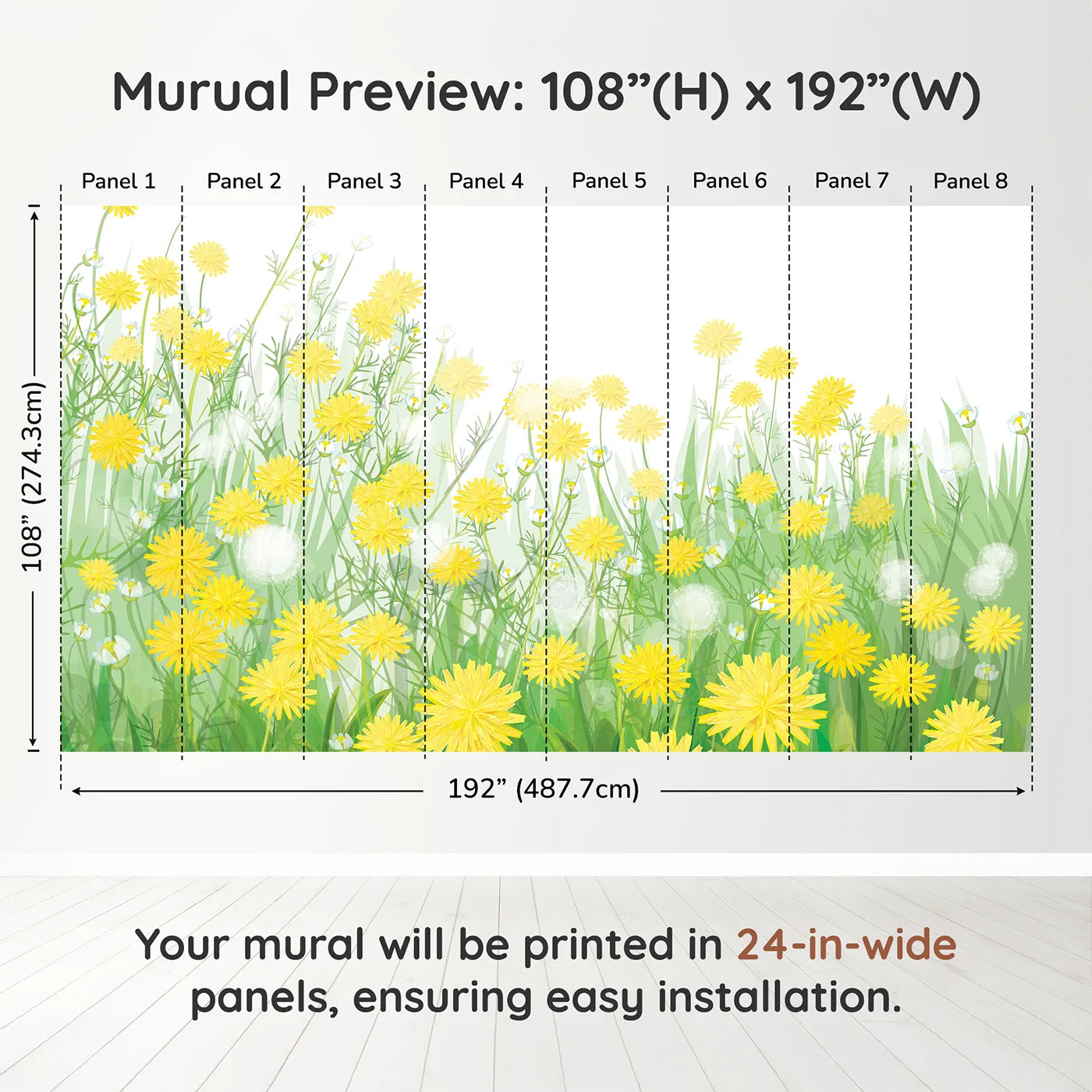 Whimsy Tots Field of Dandelions Wall Muraldimension view (108" H x 192" W). Printed in eight 24-inch-wide panels. Gender-Neutral
