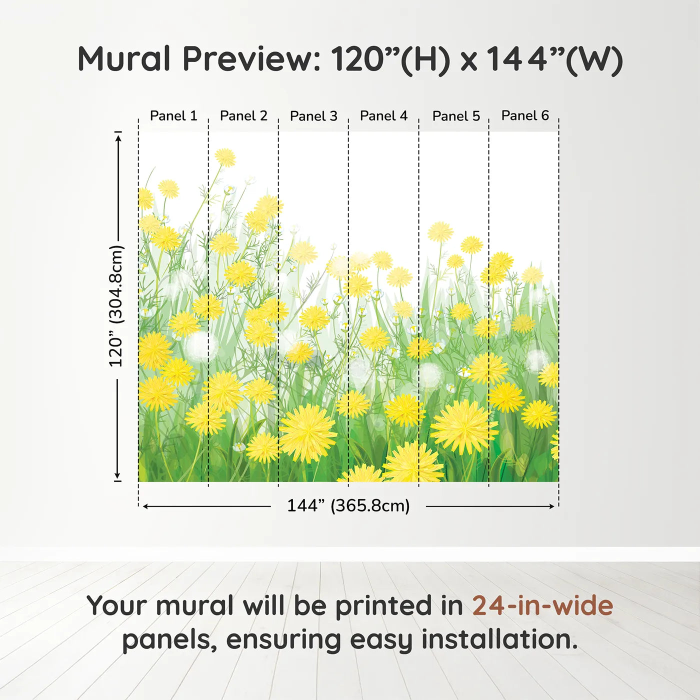 Whimsy Tots Field of Dandelions Wall Muraldimension view (120" H x 144" W). Printed in six 24-inch-wide panels. Gender-Neutral