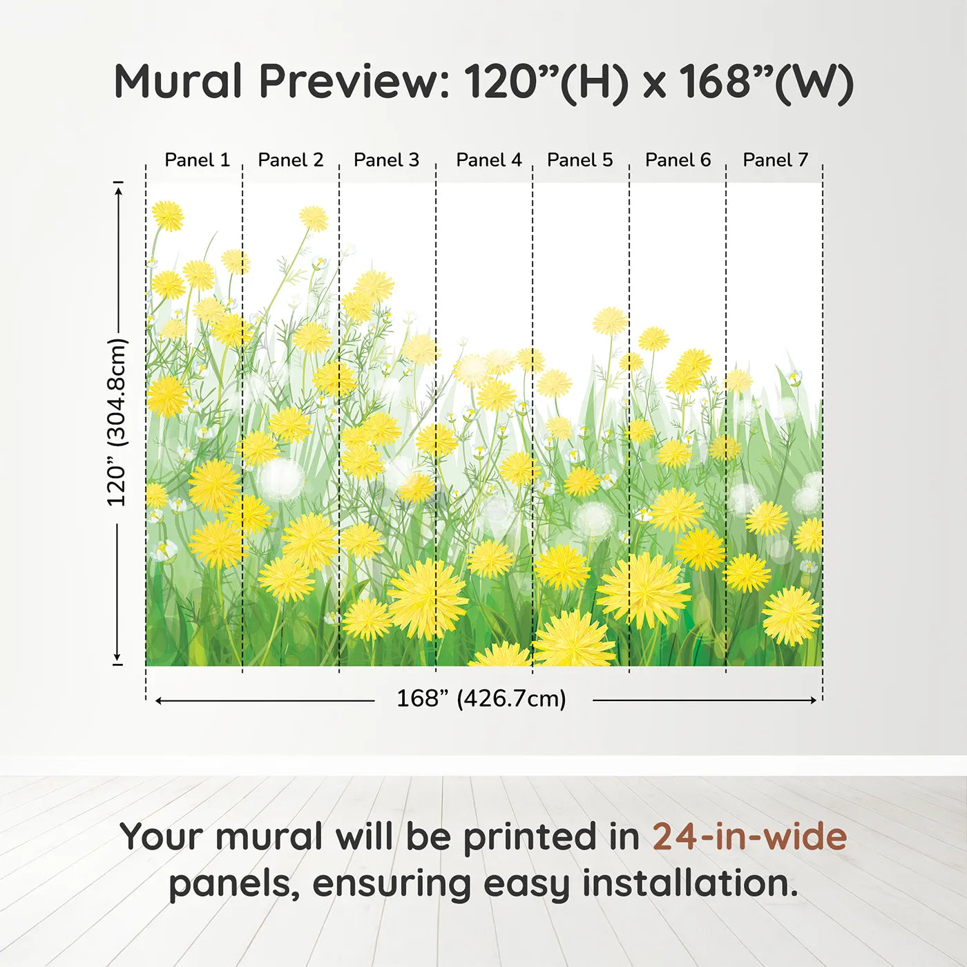 Whimsy Tots Field of Dandelions Wall Muraldimension view (120" H x 168" W). Printed in seven 24-inch-wide panels. Gender-Neutral