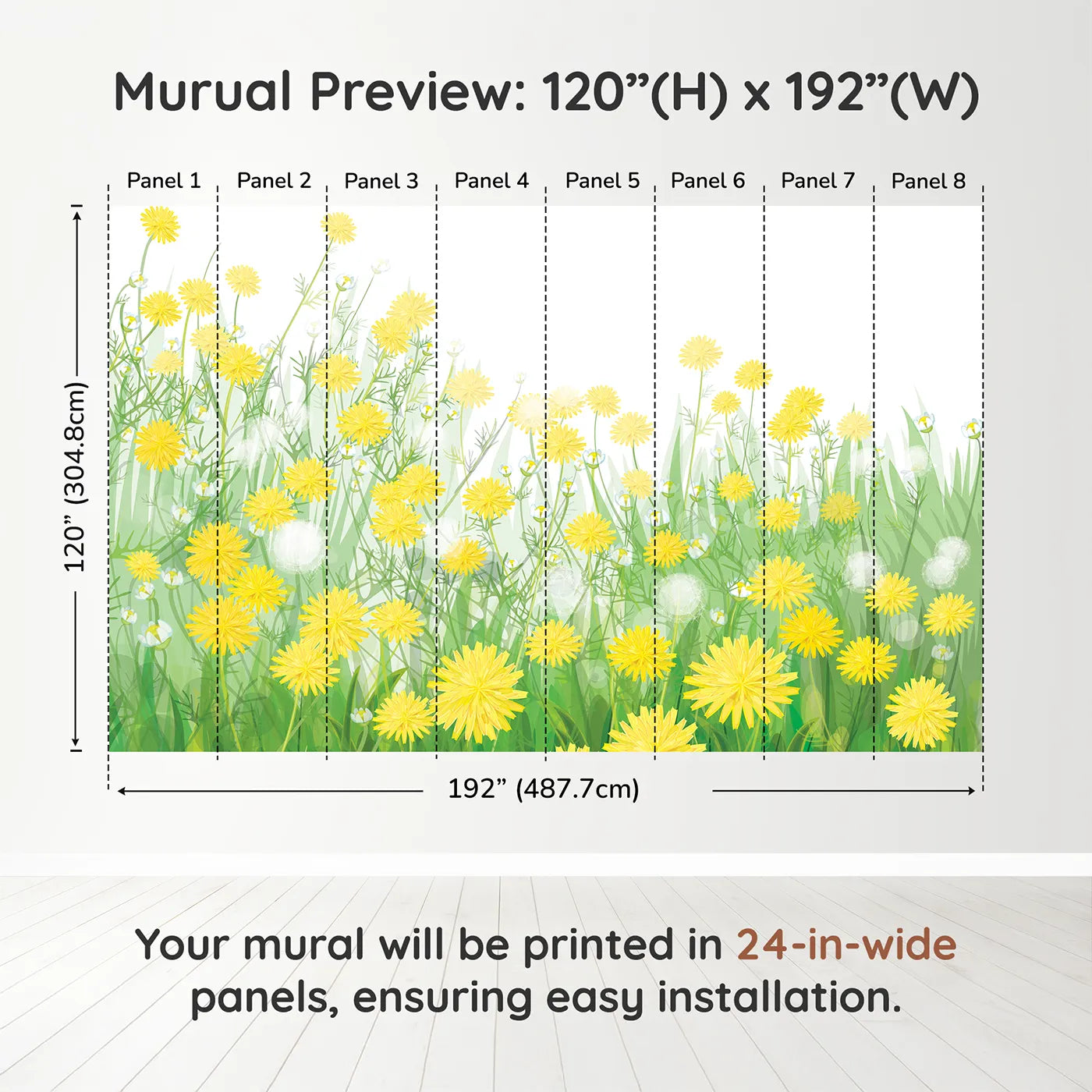 Whimsy Tots Field of Dandelions Wall Muraldimension view (120" H x 192" W). Printed in eight 24-inch-wide panels. Gender-Neutral